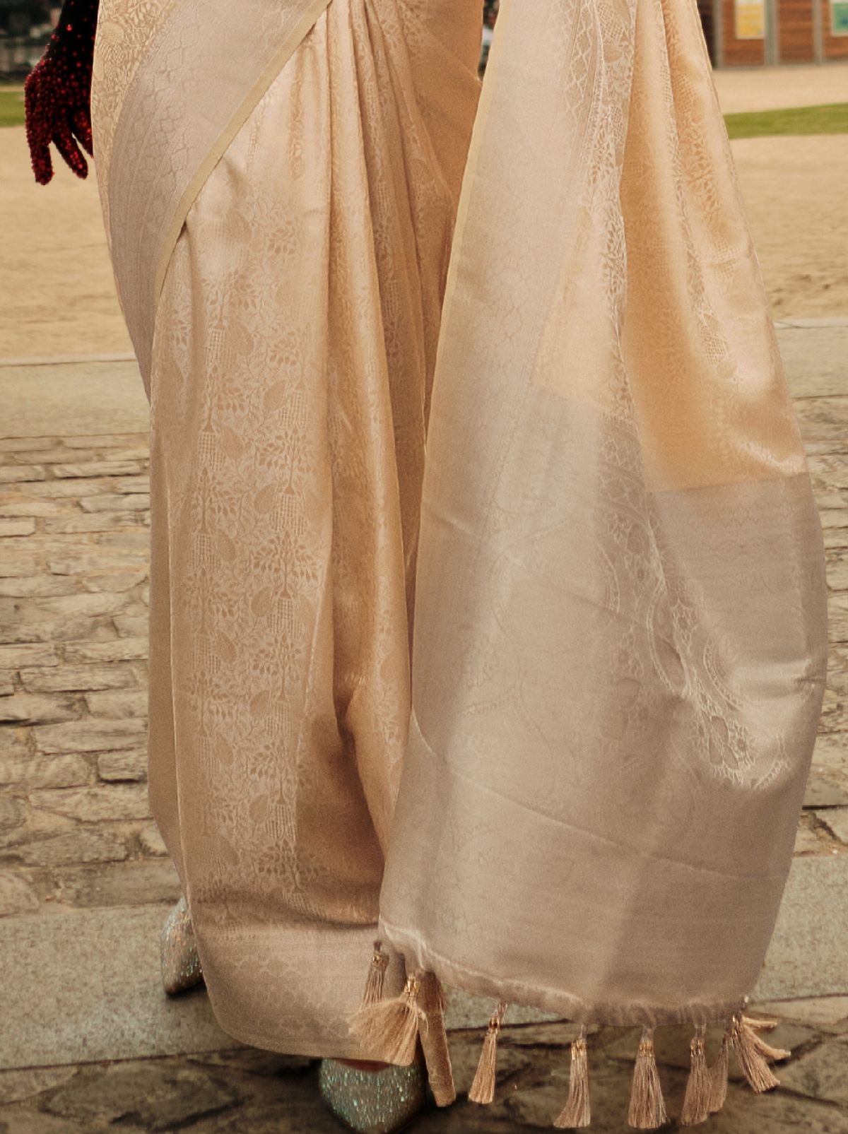 Cream Fine Satin Silk Party Saree - TrendOye