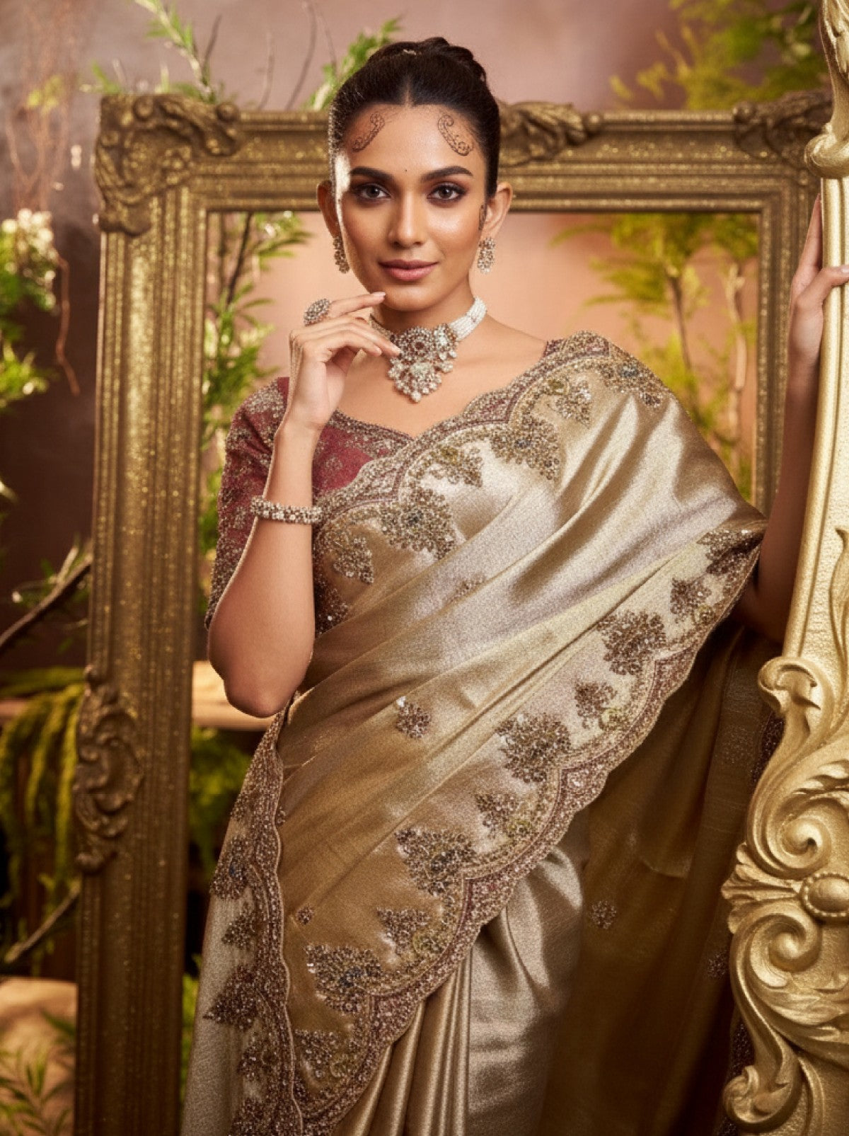 Metallic Cream Premium Silk Blend Saree With Gold Thread Work