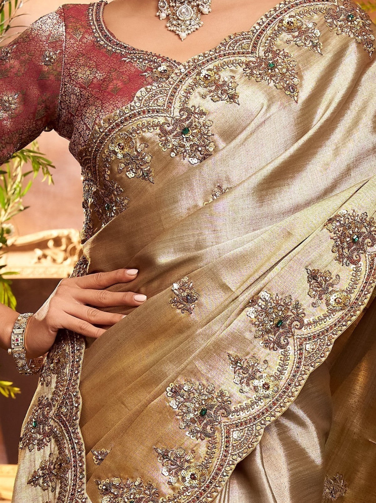 Metallic Cream Premium Silk Blend Saree With Gold Thread Work