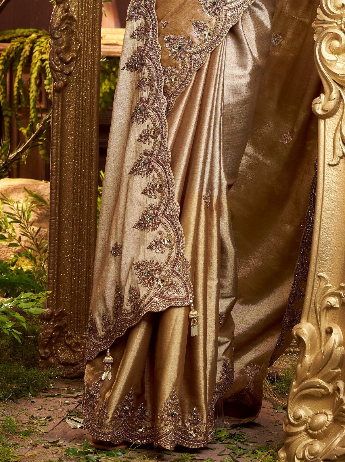 Metallic Cream Premium Silk Blend Saree With Gold Thread Work