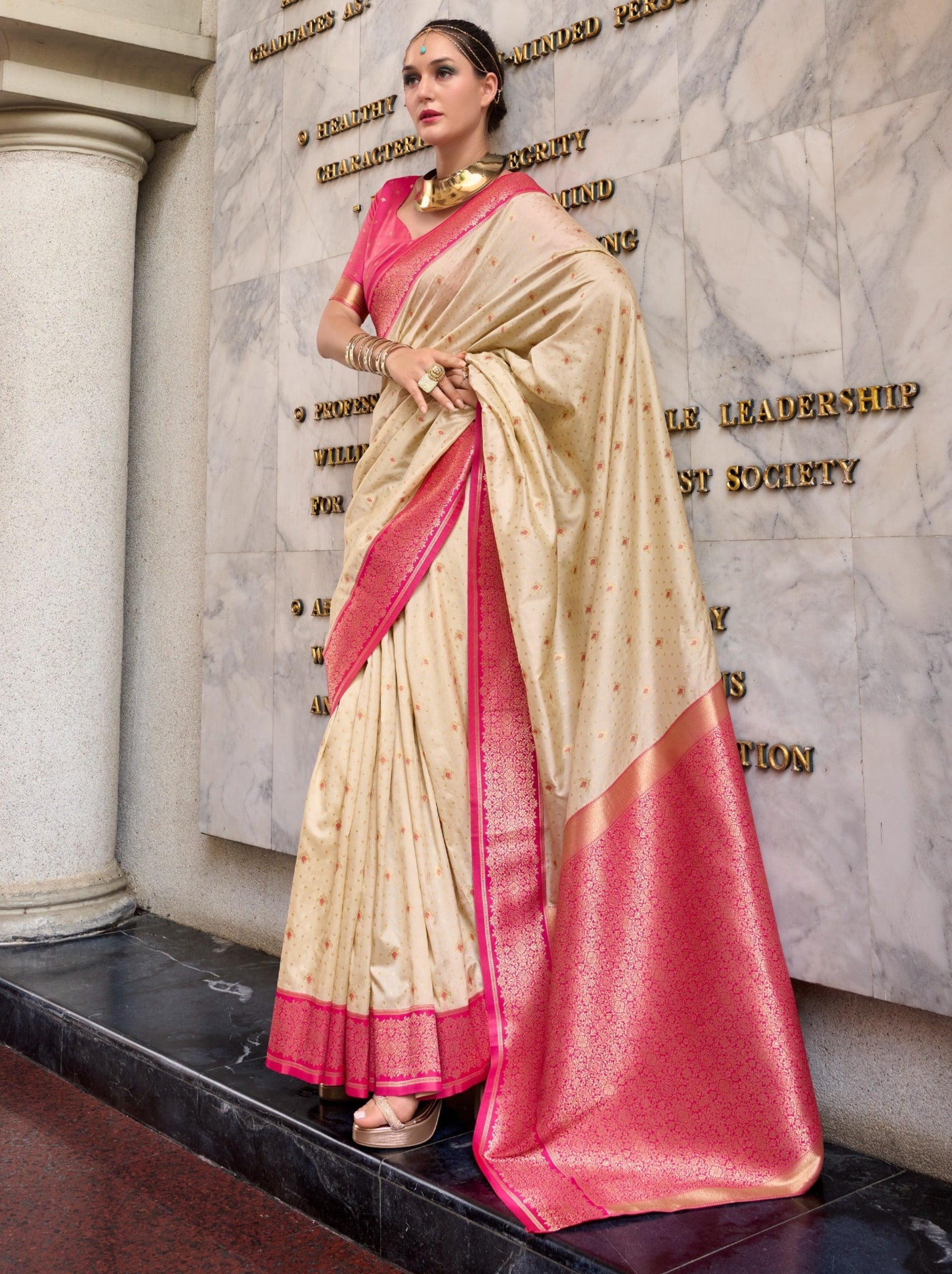 Cream Festive Saree - TrendOye