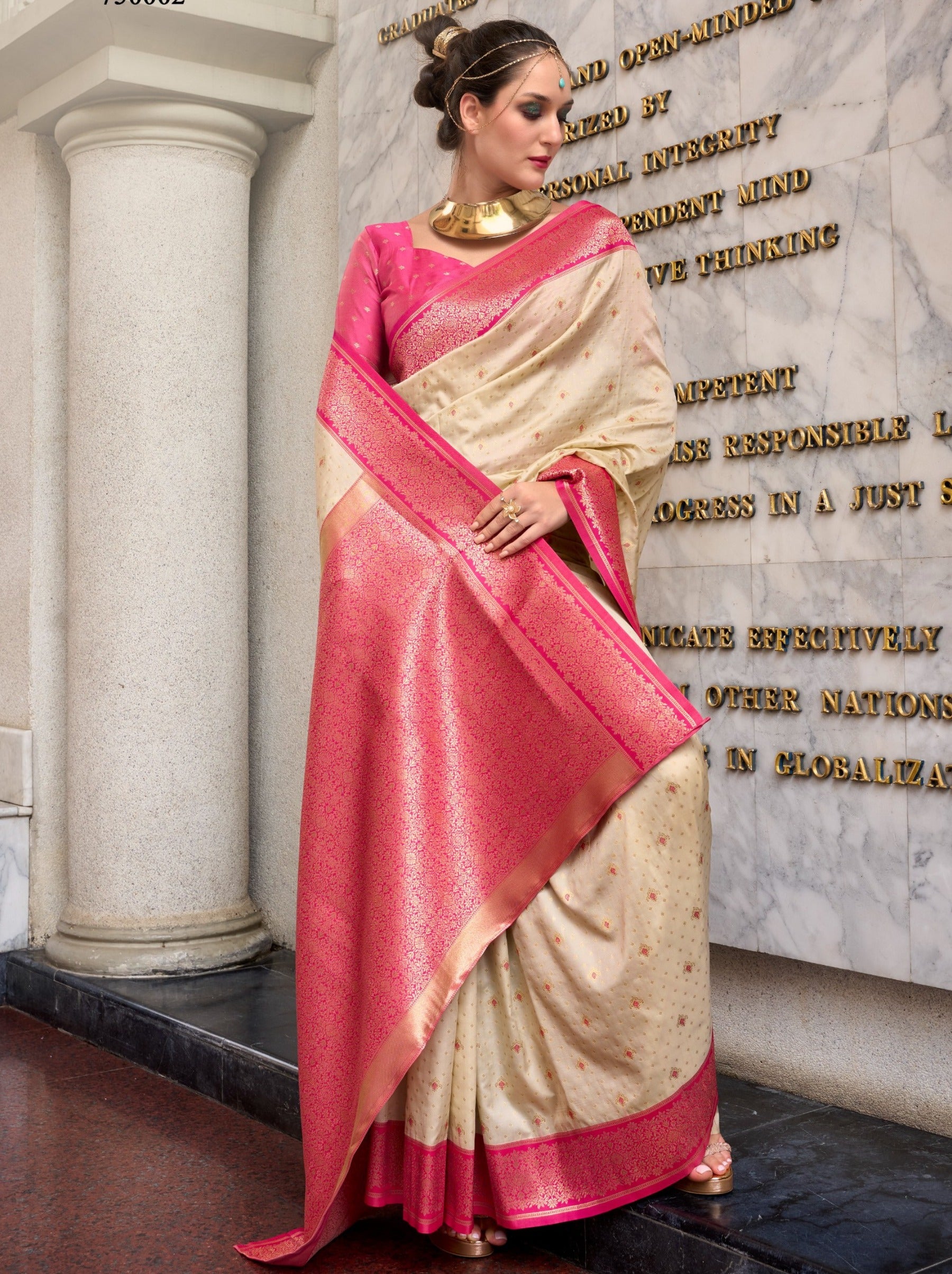 Cream Festive Saree - TrendOye