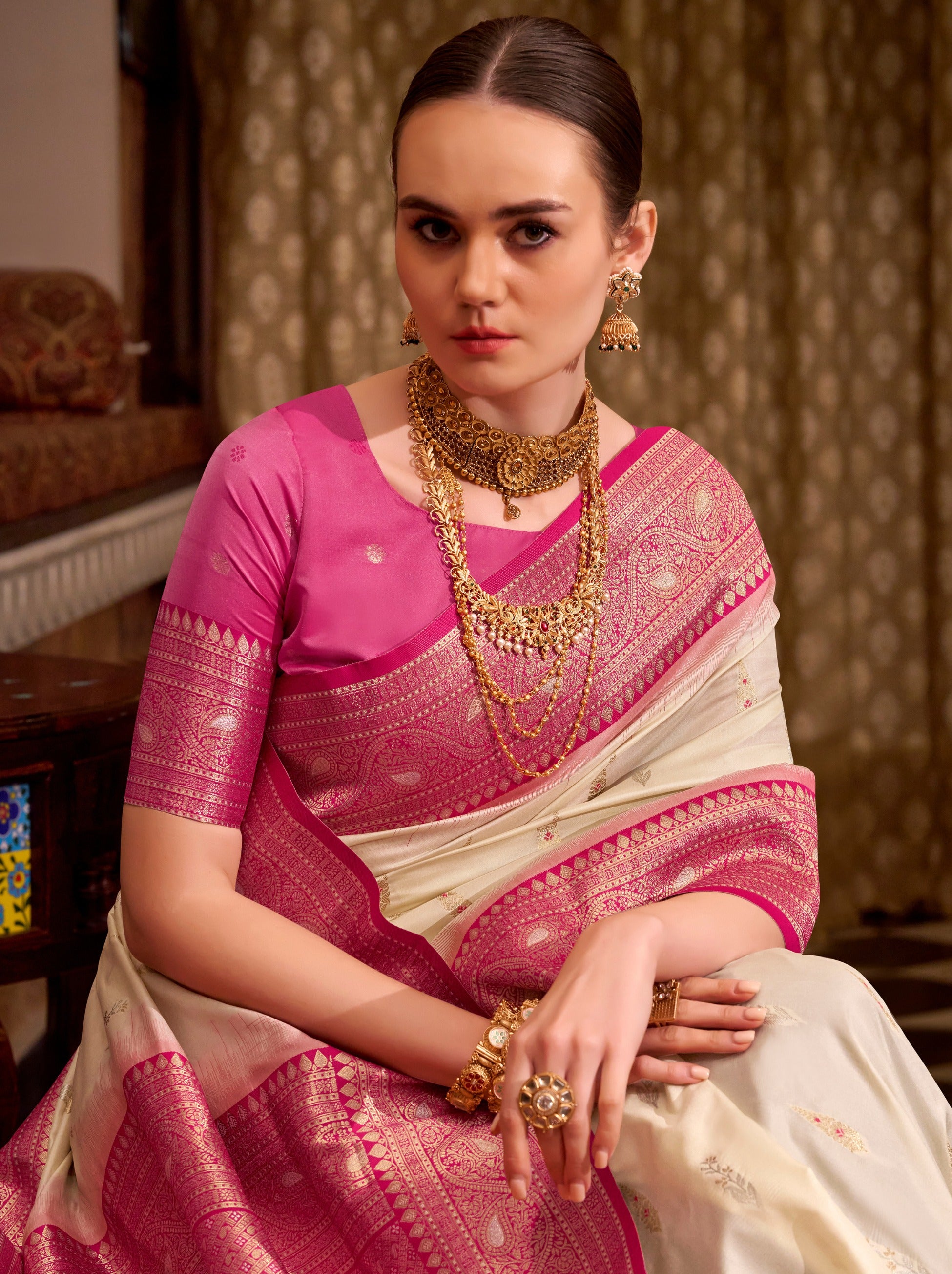 Cream White Premium Festive Silk Saree With Unstitched Blouse - TrendOye