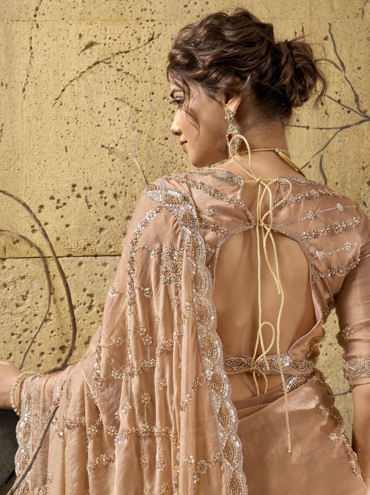 Metallic Cream Premium Velvet Satin Saree With Sequin & Zari Work