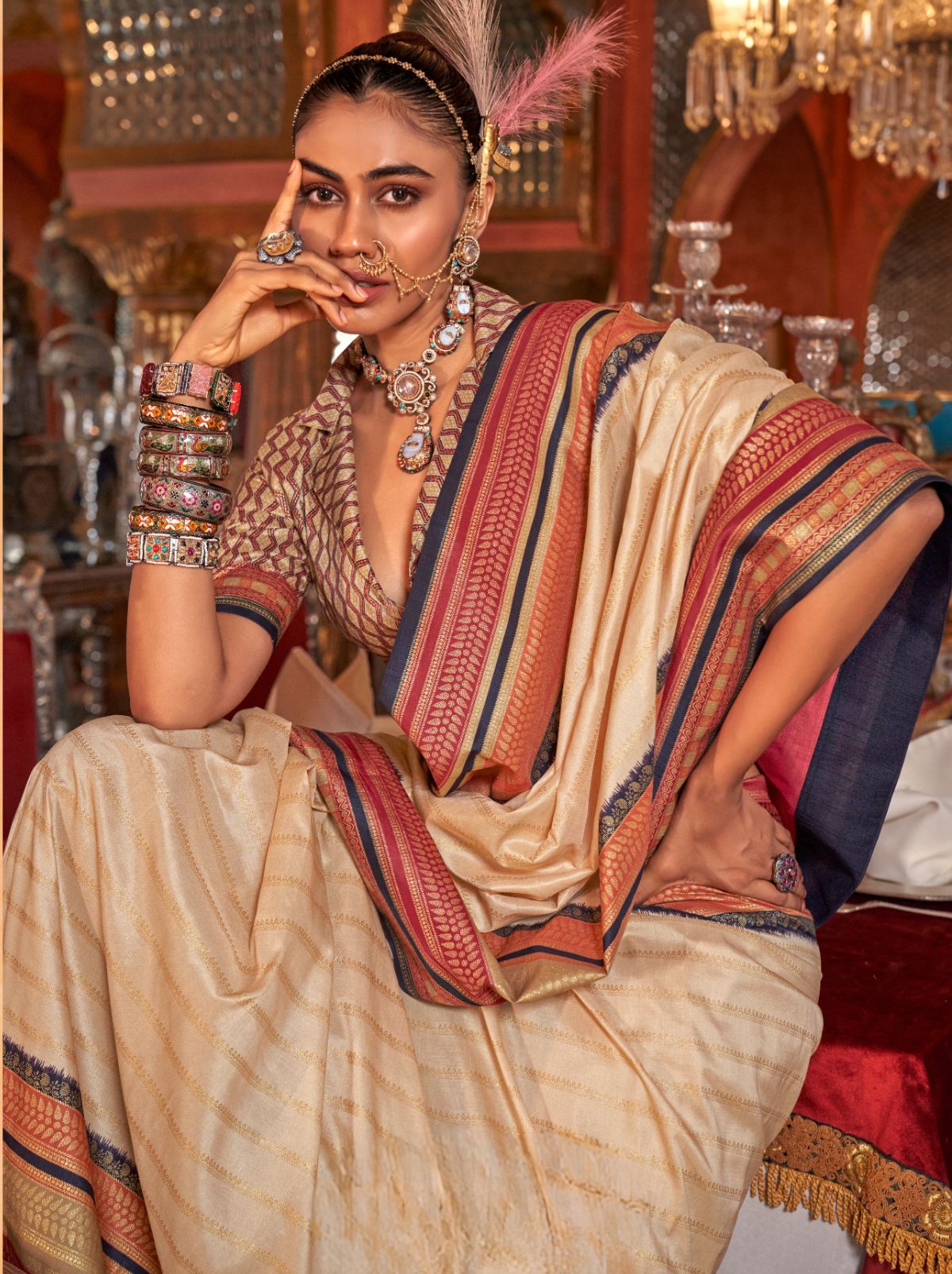 Cream Wedding Party Designer Saree - TrendOye