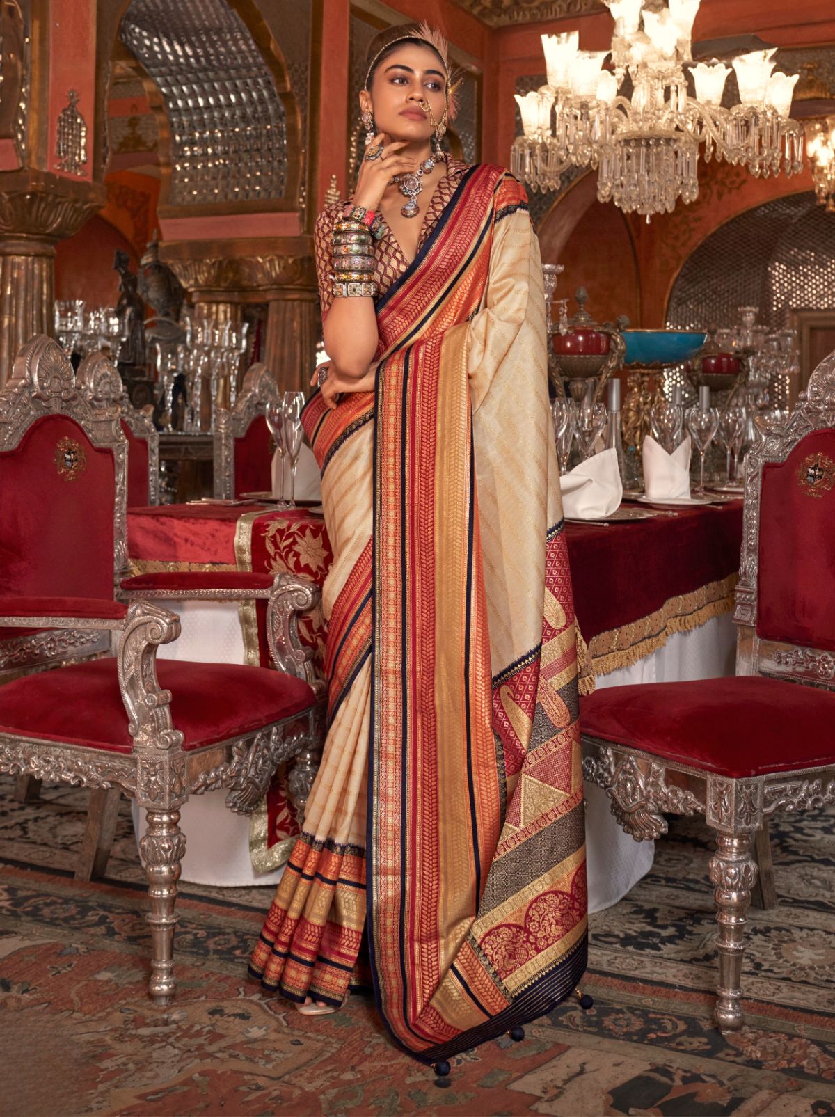 Cream Wedding Party Designer Saree - TrendOye