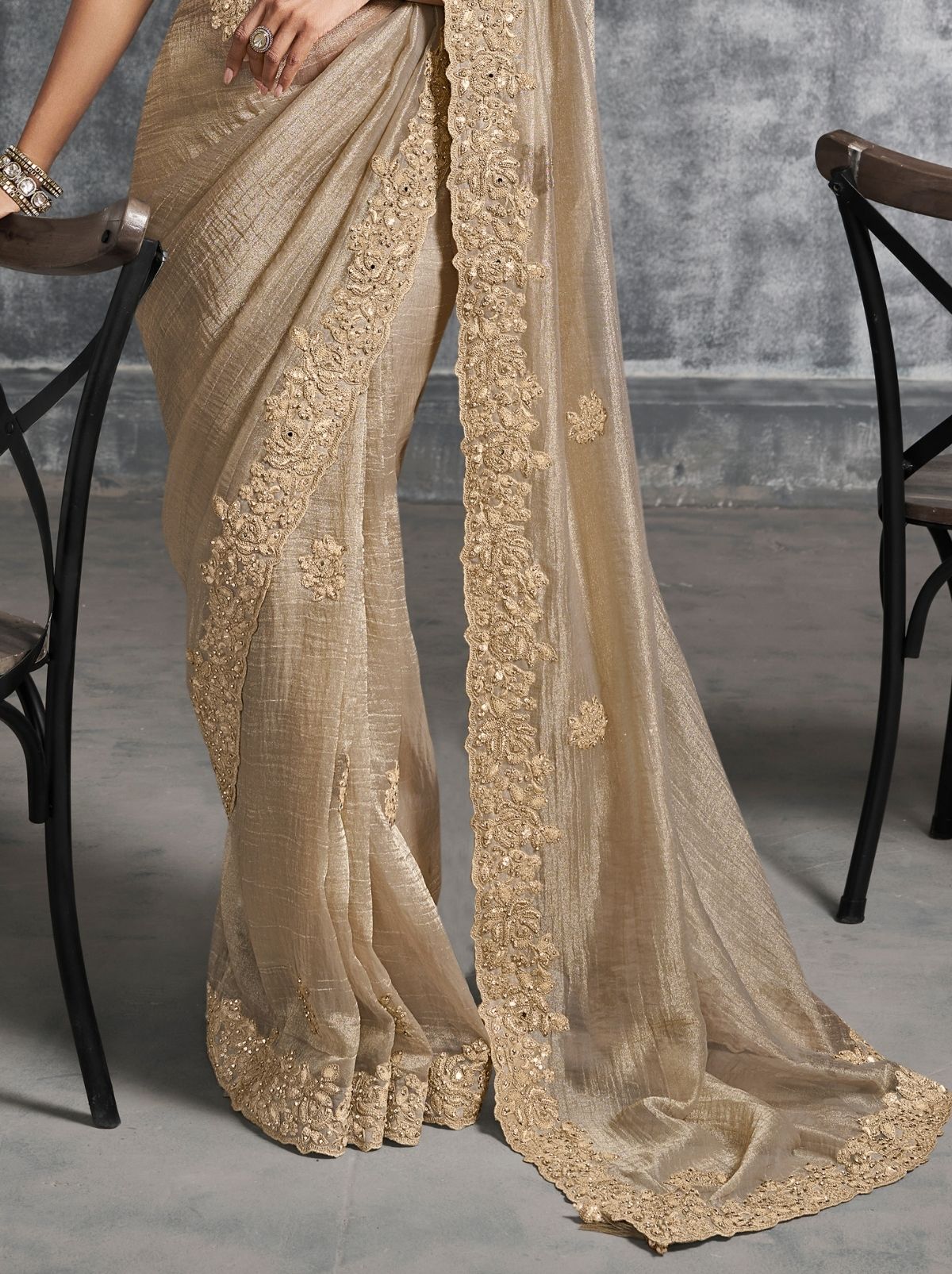 Metallic Cream Premium Zari Tissue Silk Saree With Blouse Piece