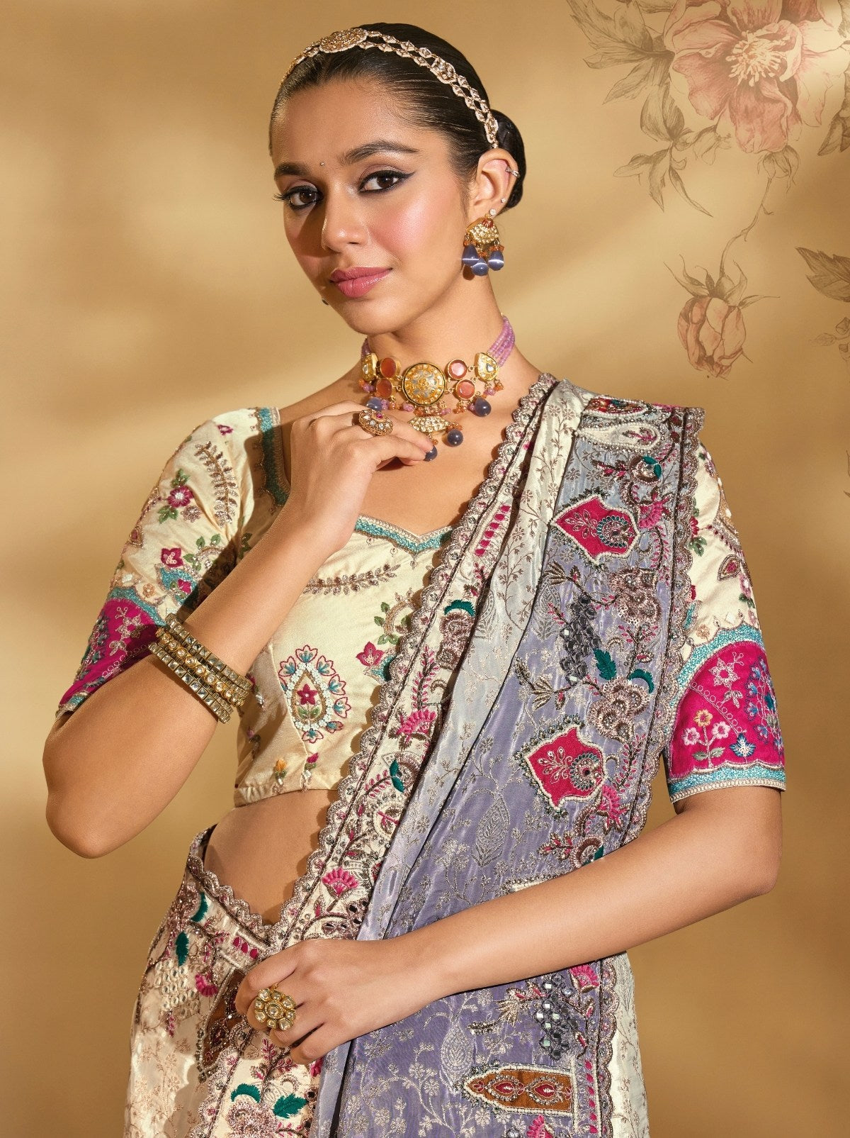 Cream-Purple Designer Crepe Silk Saree With Heavy Zari Work