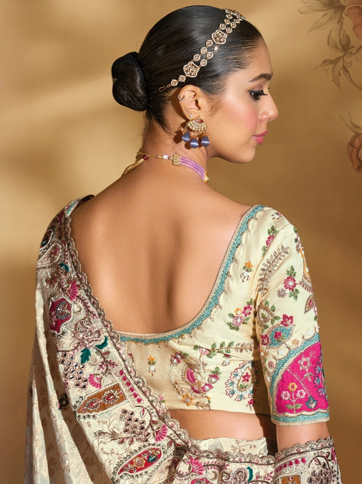 Cream-Purple Designer Crepe Silk Saree With Heavy Zari Work