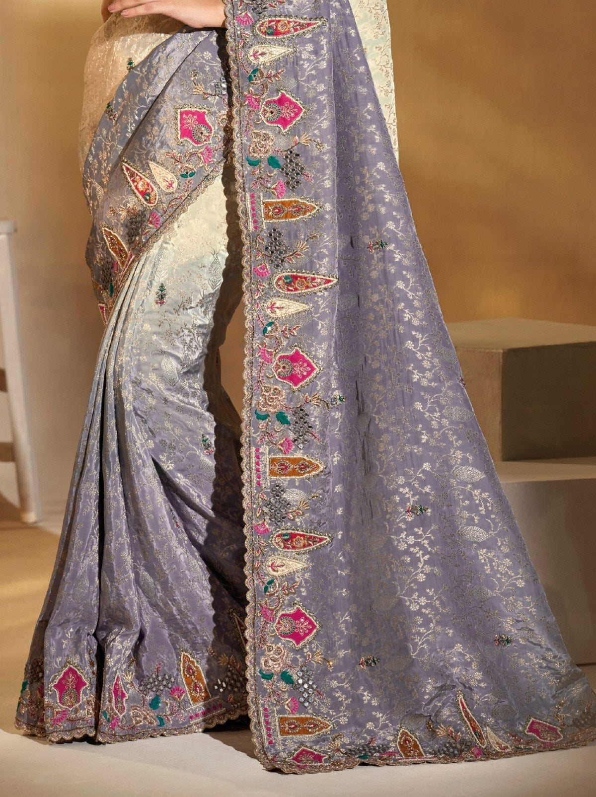 Cream-Purple Designer Crepe Silk Saree With Heavy Zari Work