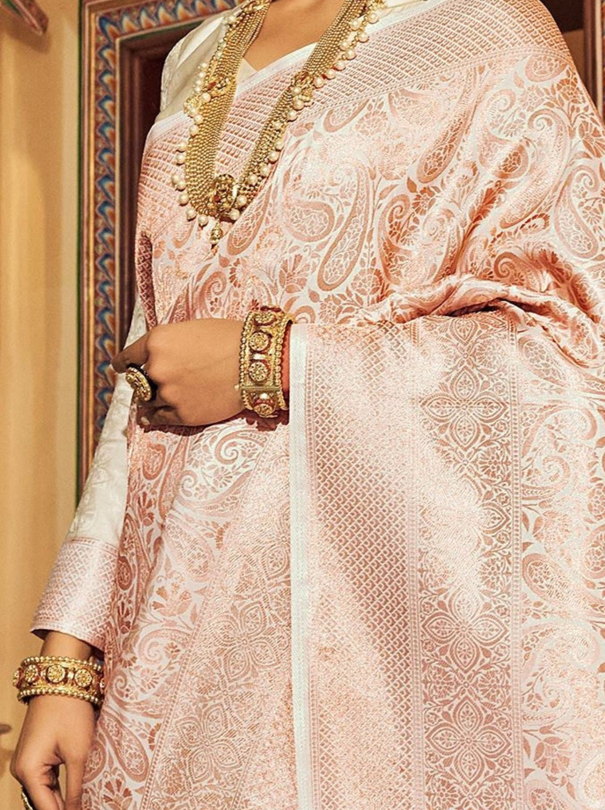 Bisque Cream Soft Silk Zari Weaving Saree With Blouse Piece