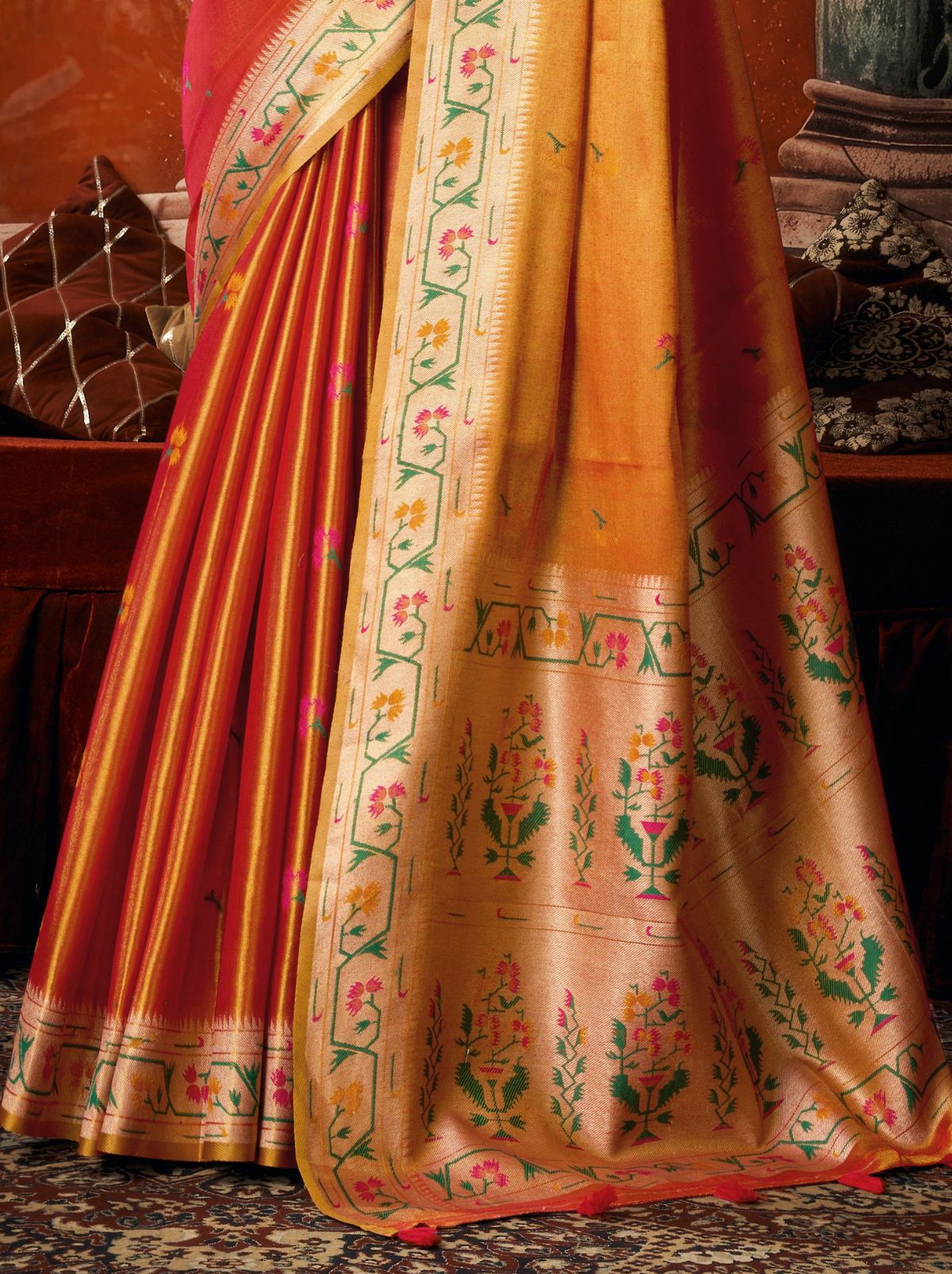 Dual Tone Orange Elegant Tissue Silk Saree With Paithani Pallu