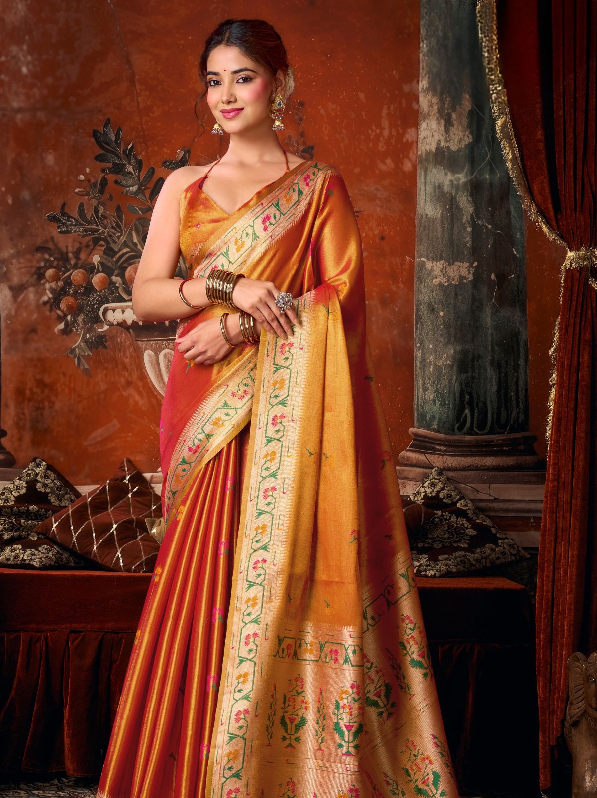 Dual Tone Orange Elegant Tissue Silk Saree With Paithani Pallu