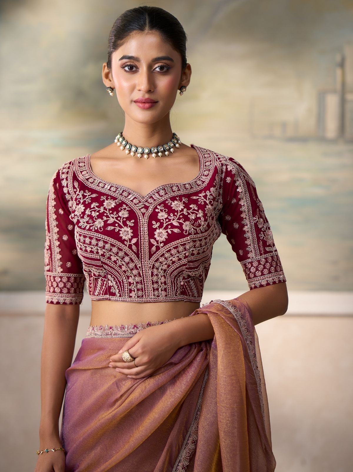 Dual-Tone Peach Contemporary Sequin Statement Saree With Designer Blouse