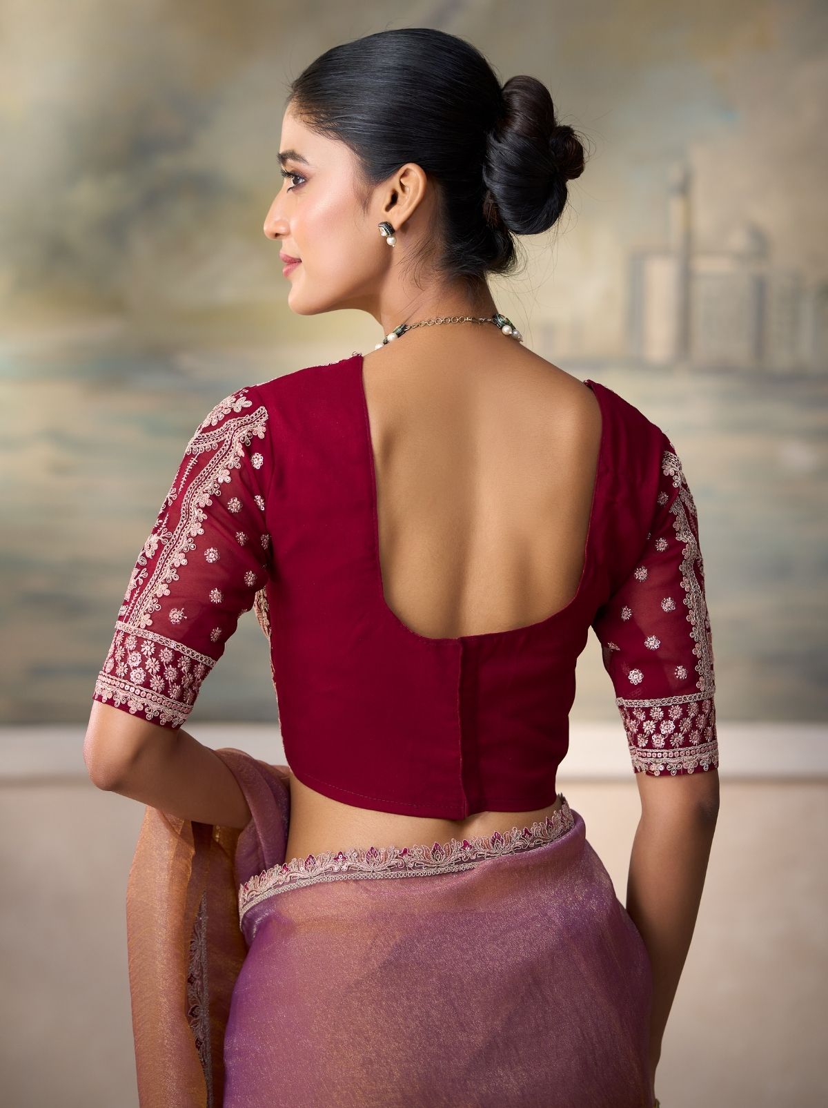 Dual-Tone Peach Contemporary Sequin Statement Saree With Designer Blouse