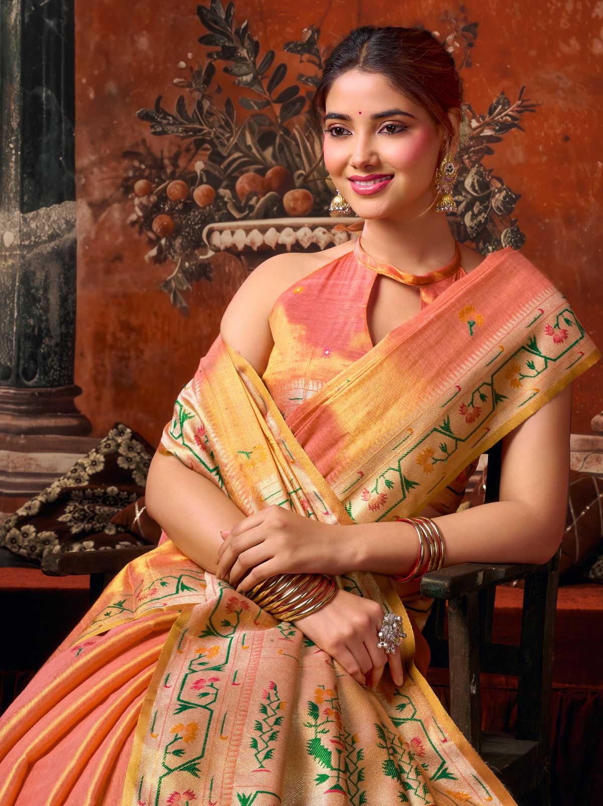 Dual Tone Peach Elegant Tissue Silk Saree With Paithani Pallu