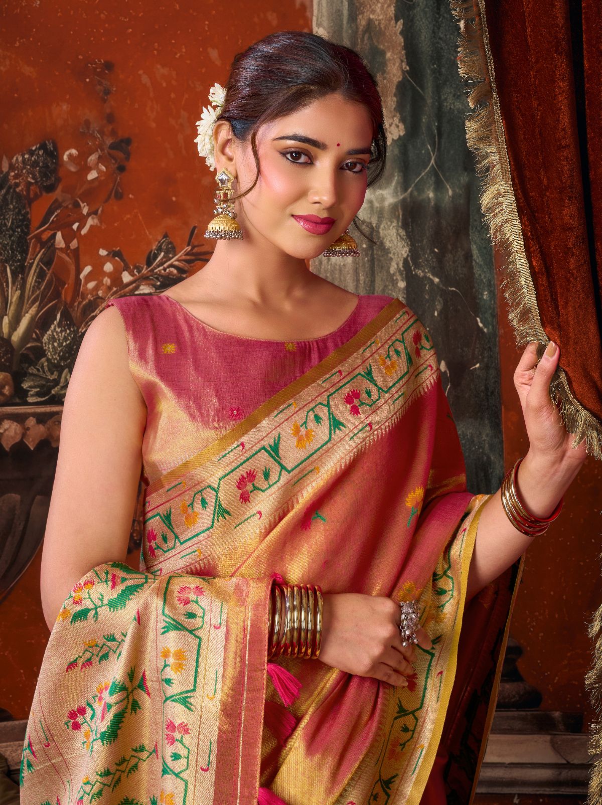 Dual Tone Pink Elegant Tissue Silk Saree With Paithani Pallu