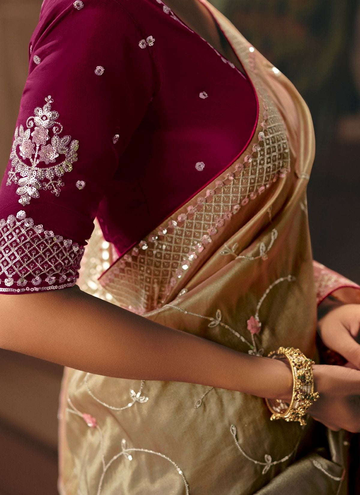 Dual Tone Pink-Green Celebration Fancy Saree With Premium Blouse Piece - TrendOye