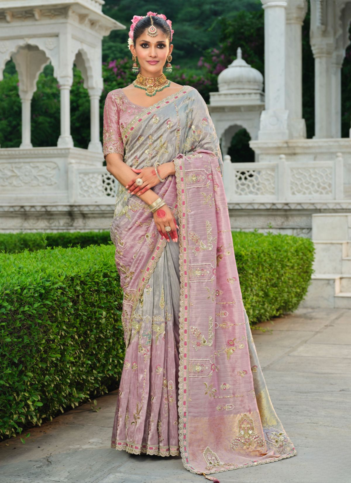 Dual-Tone Purple Designer Premium Silk Saree With Hand-Embroidery - TrendOye