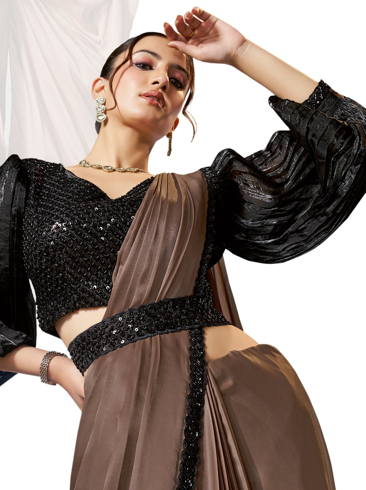 Espresso Brown Dual Tone Ready To Wear Satin Saree With Trendy Blouse
