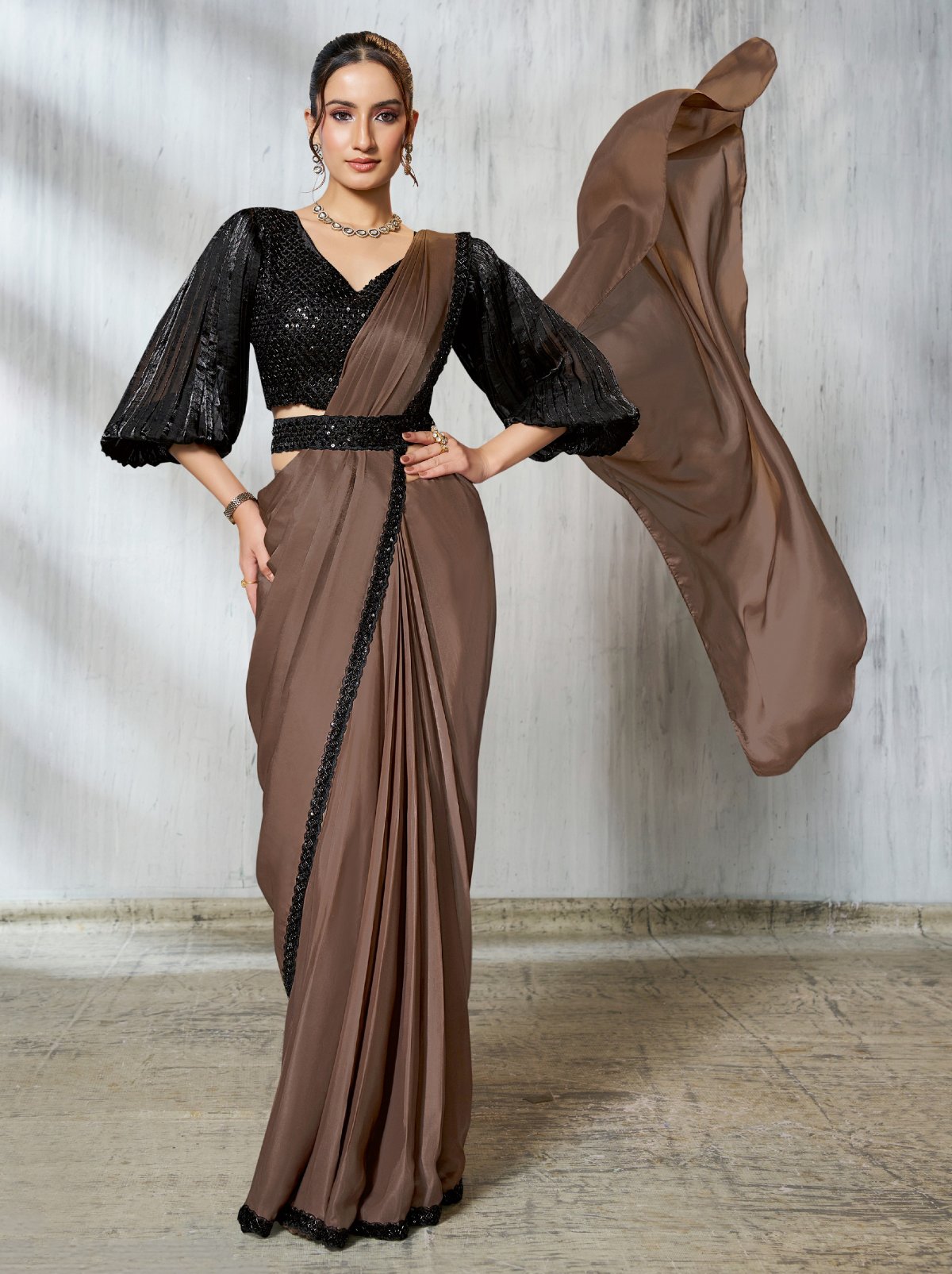 Espresso Brown Dual Tone Ready To Wear Satin Saree With Trendy Blouse