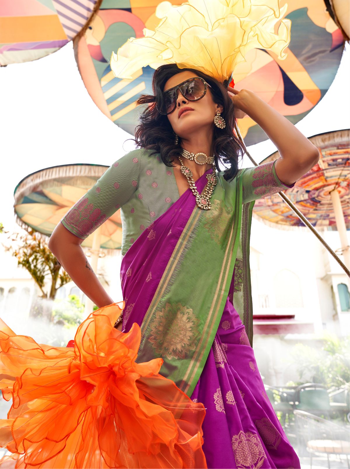Fandango Violet Dual Tone Katan Designer Saree - TrendOye