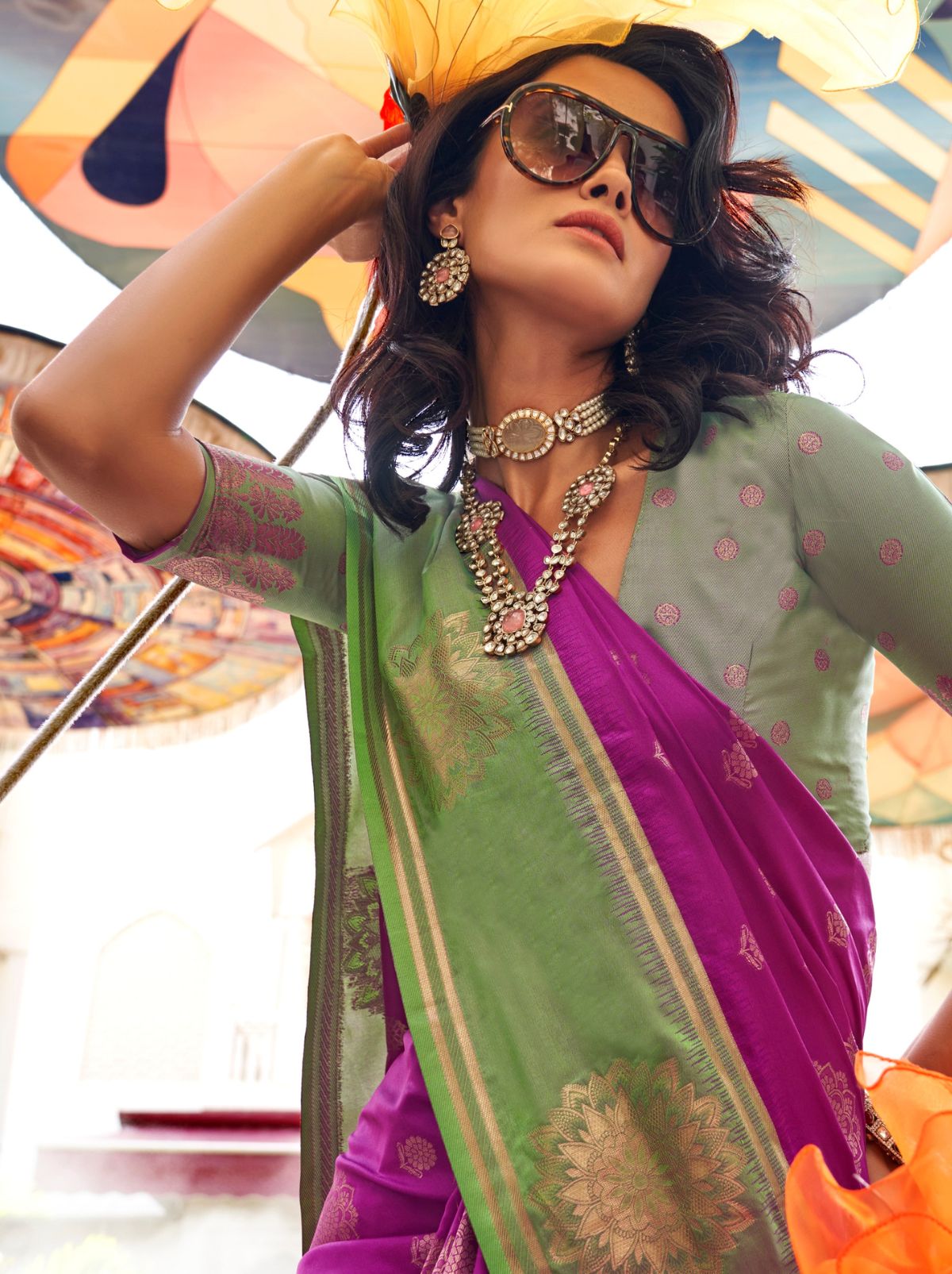 Fandango Violet Dual Tone Katan Designer Saree - TrendOye