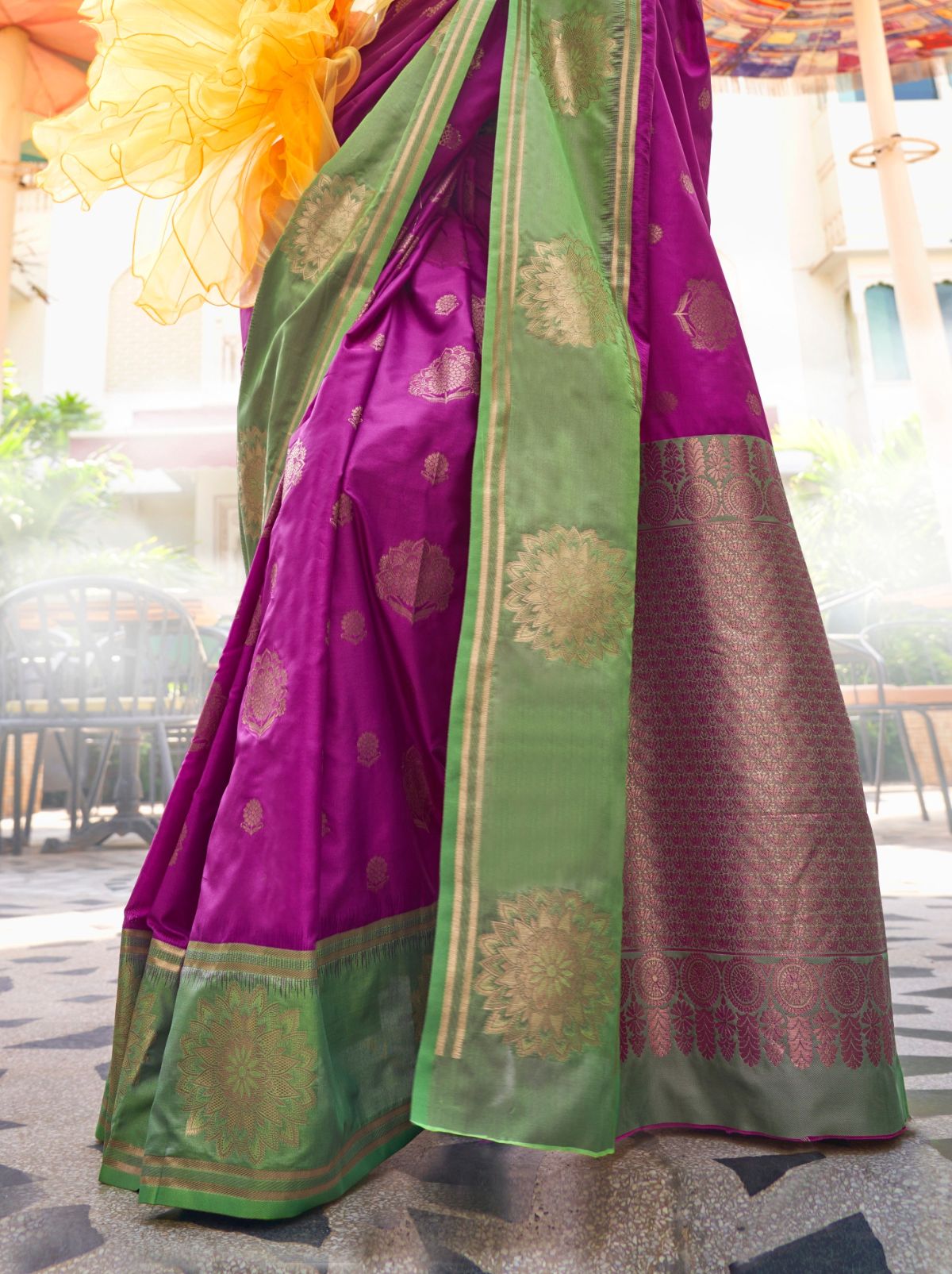 Fandango Violet Dual Tone Katan Designer Saree - TrendOye