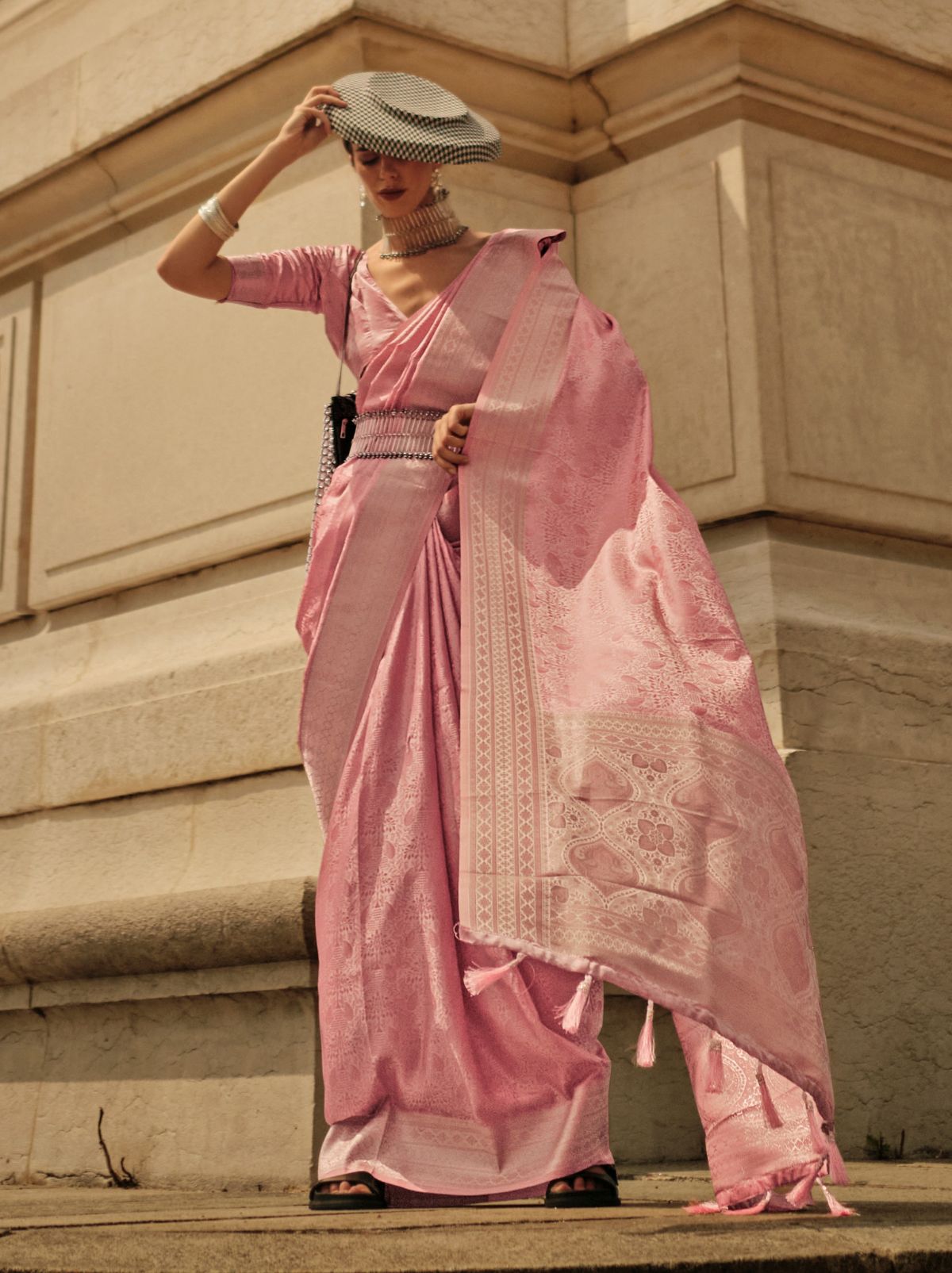Flamingo Pink Fine Satin Silk Party Saree - TrendOye