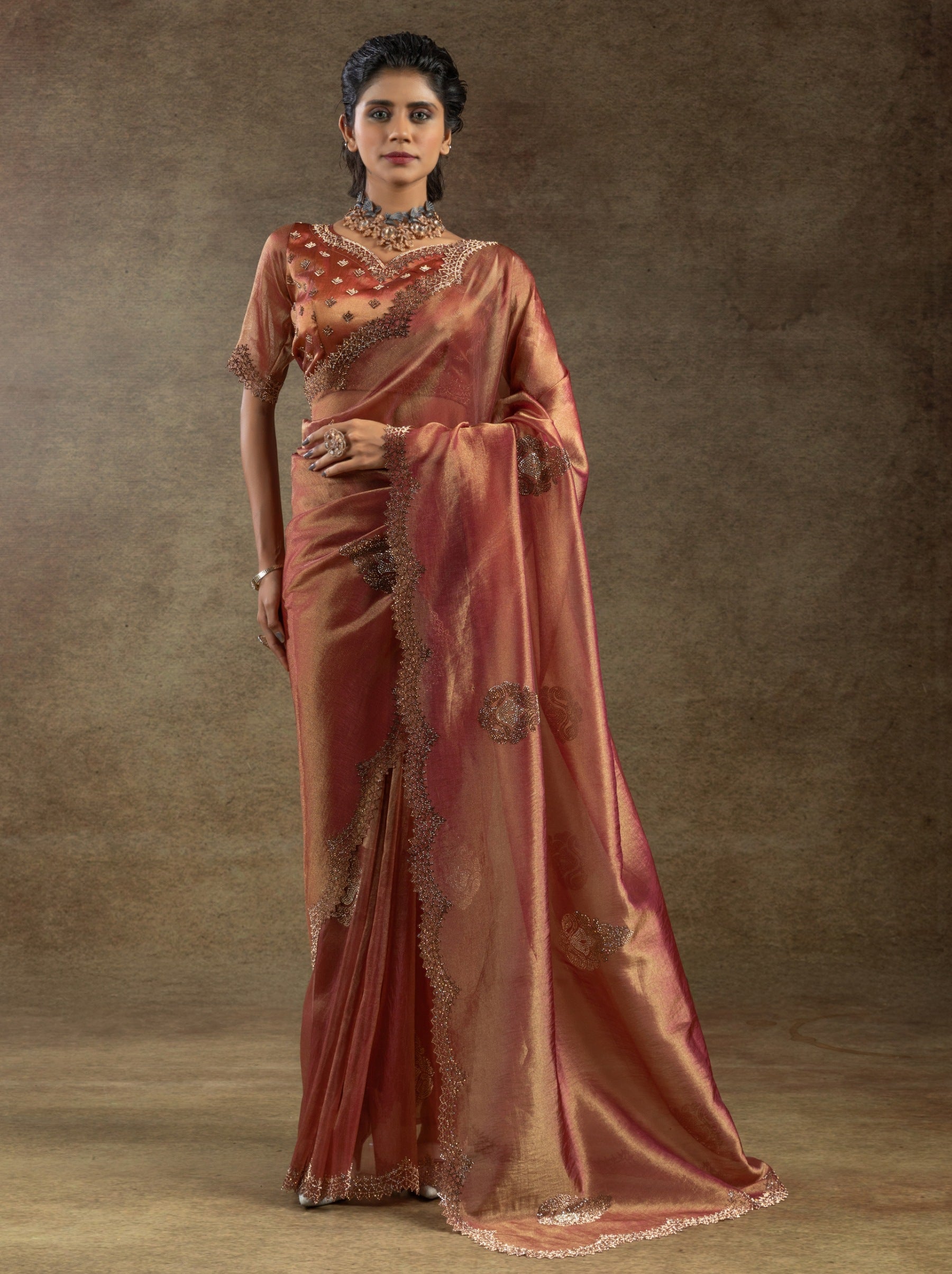 Rose Gold Designer Banarasi Silk Saree With Zircon Work