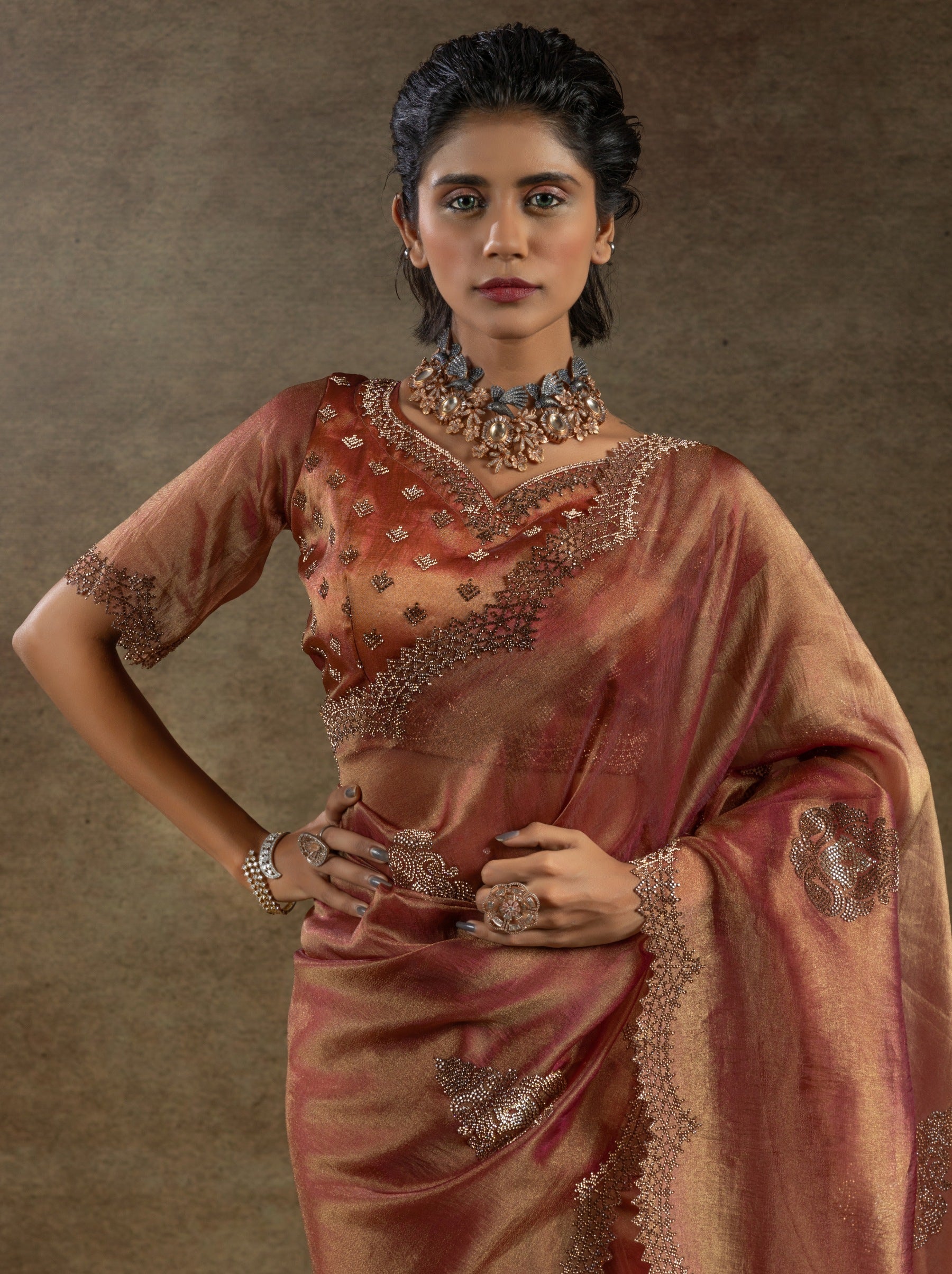 Rose Gold Designer Banarasi Silk Saree With Zircon Work
