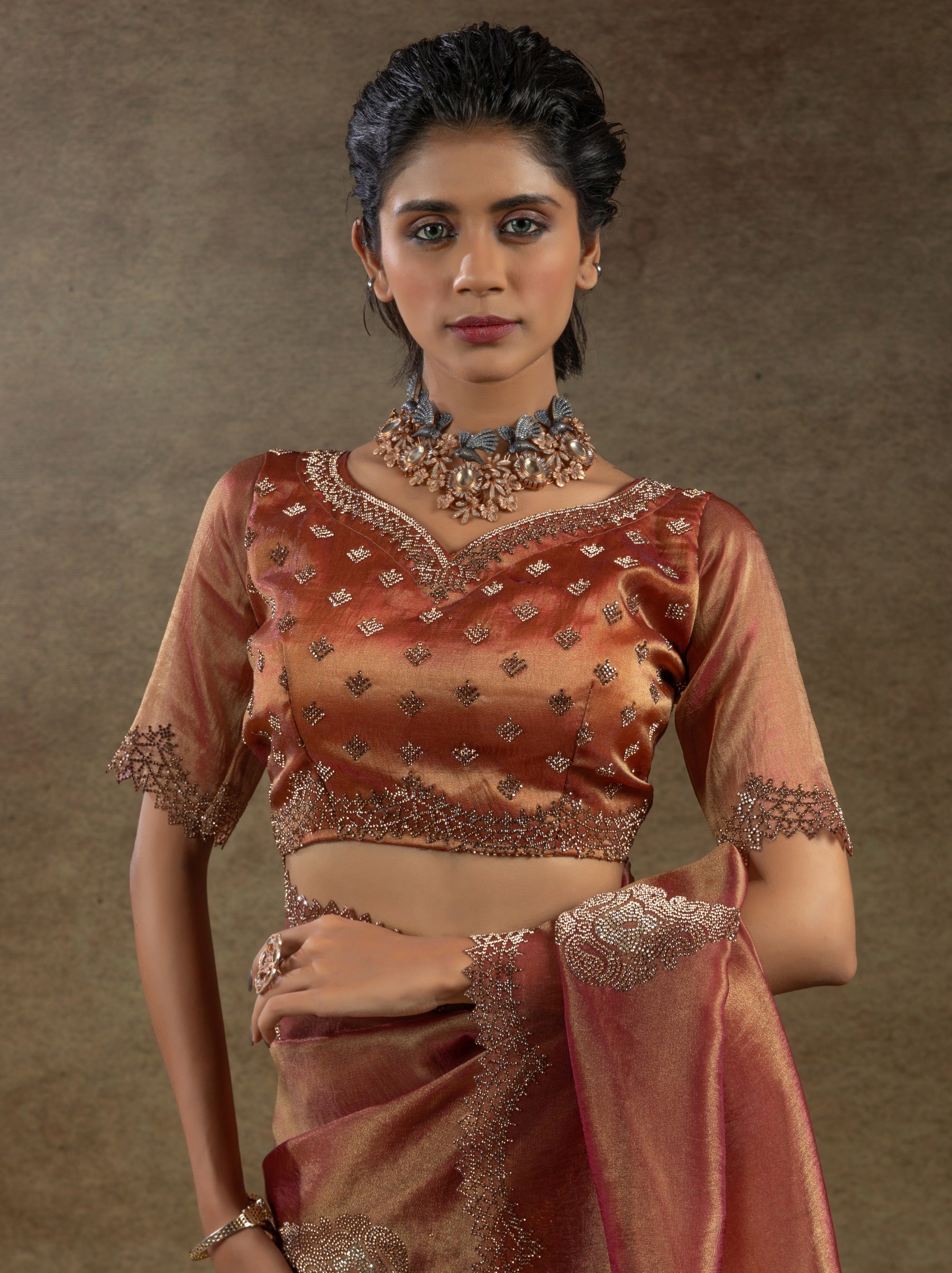 Rose Gold Designer Banarasi Silk Saree With Zircon Work