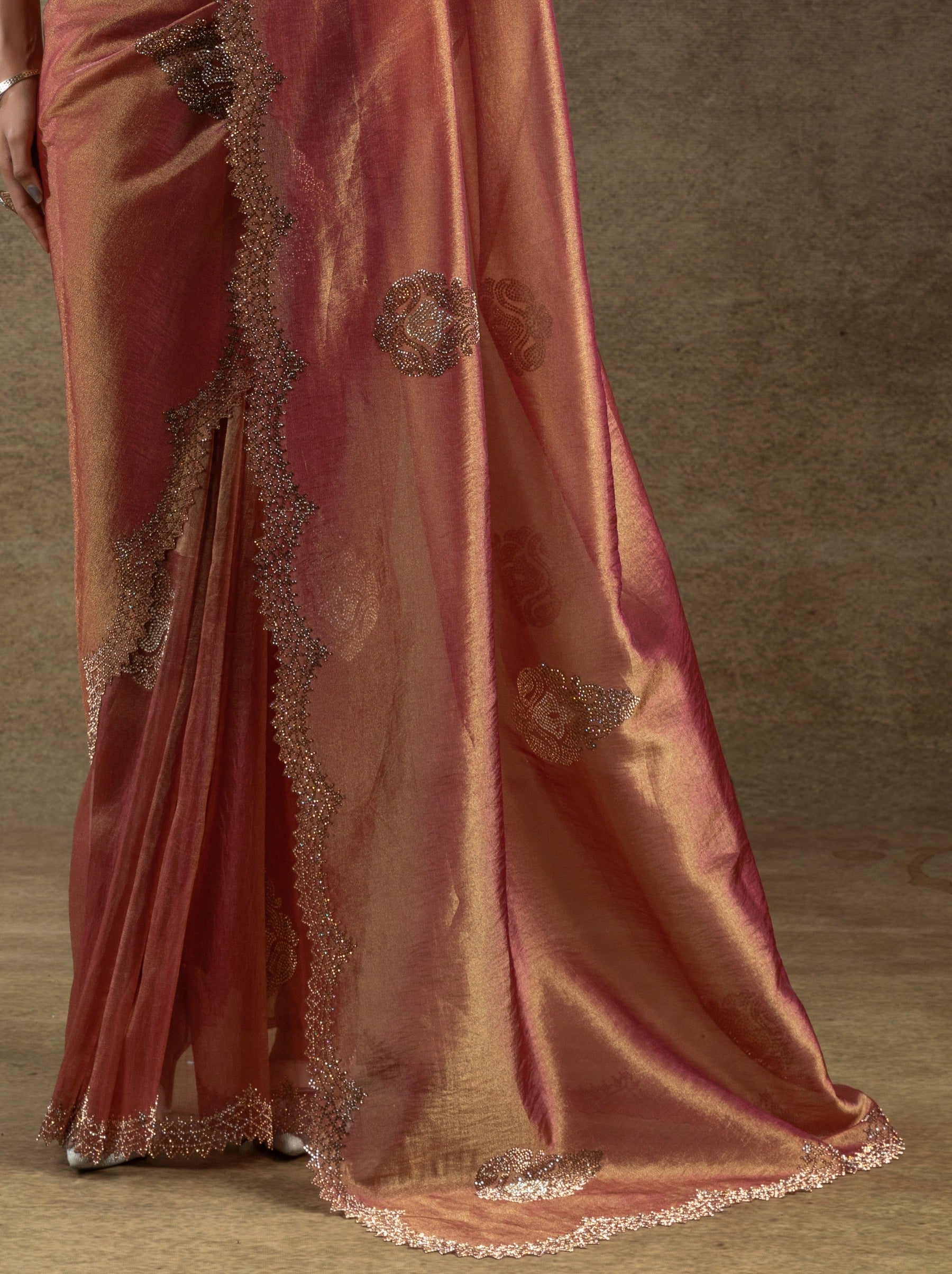 Rose Gold Designer Banarasi Silk Saree With Zircon Work