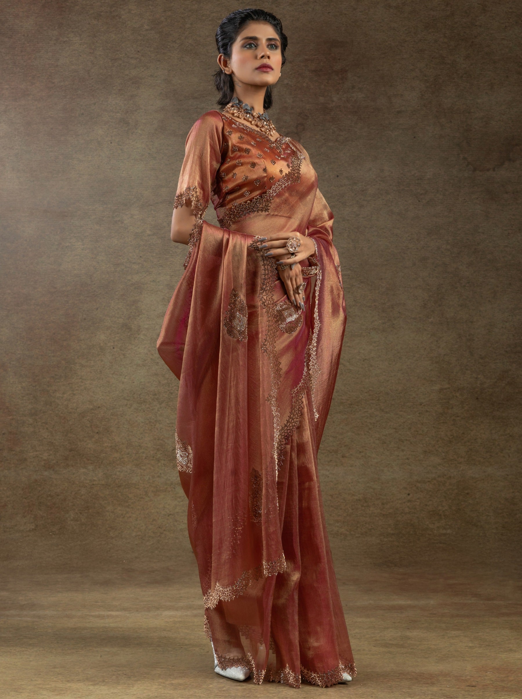 Rose Gold Designer Banarasi Silk Saree With Zircon Work