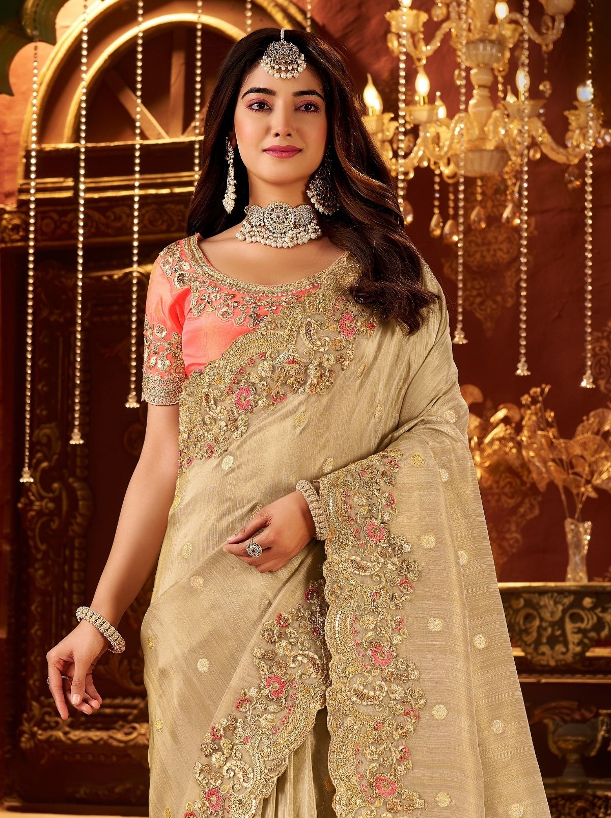 Antique Gold Designer Fancy Silk Bridal Saree With Blouse Piece