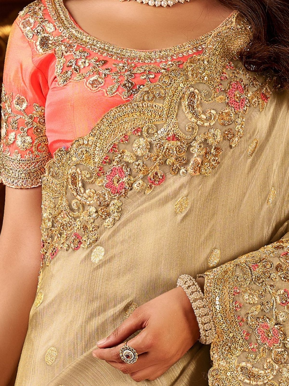 Antique Gold Designer Fancy Silk Bridal Saree With Blouse Piece