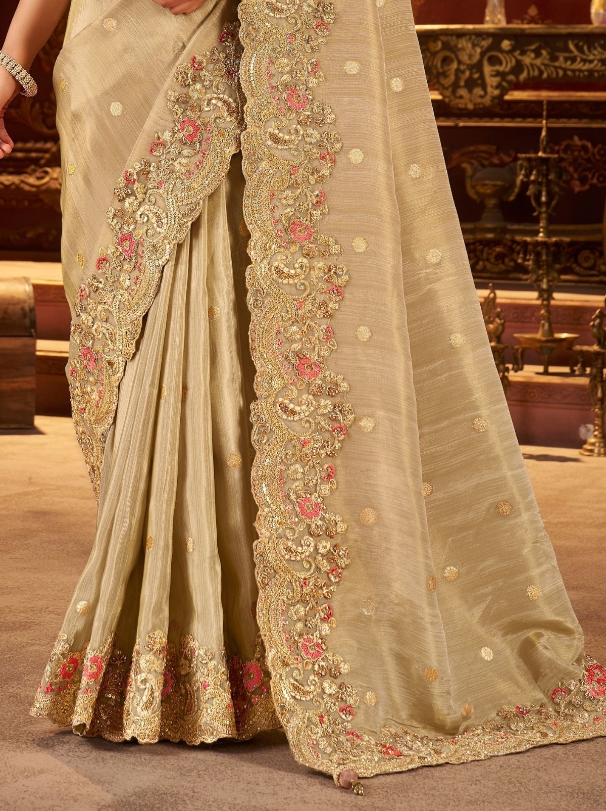 Antique Gold Designer Fancy Silk Bridal Saree With Blouse Piece