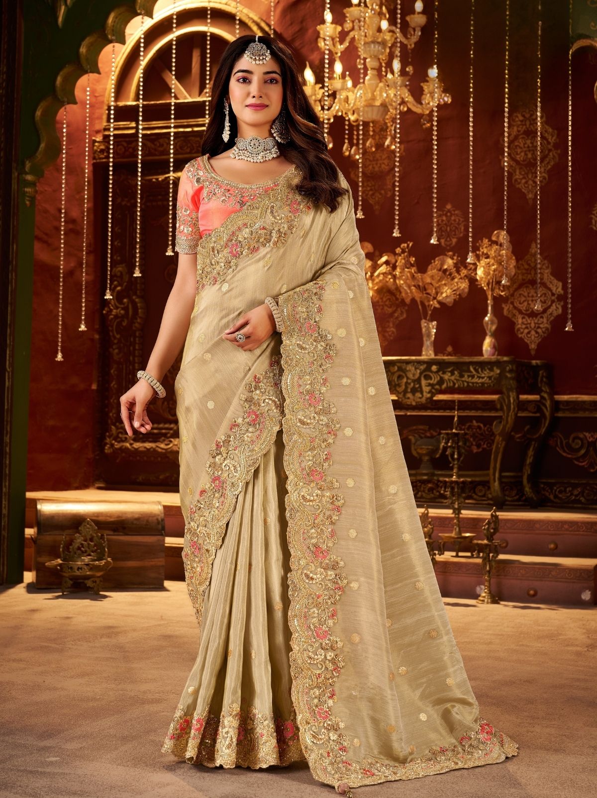 Antique Gold Designer Fancy Silk Bridal Saree With Blouse Piece