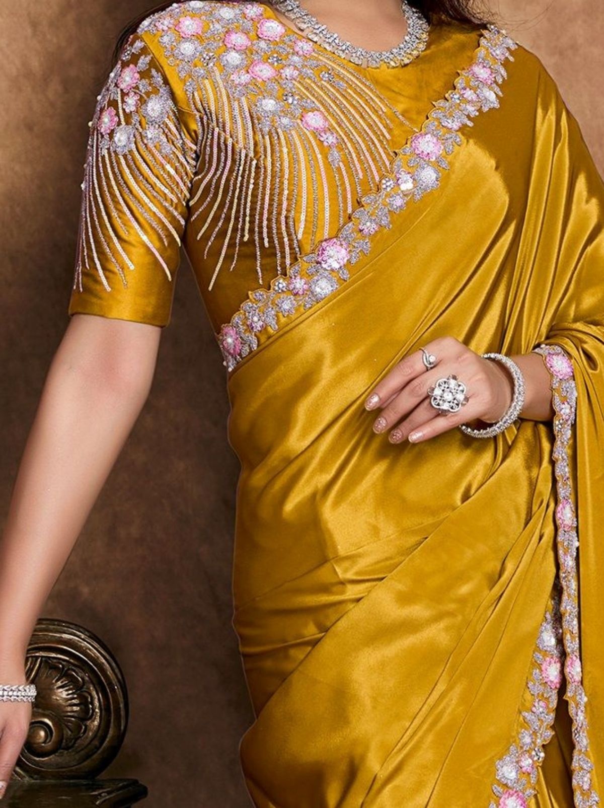 Golden Designer Party Wear Saree With Blouse Piece
