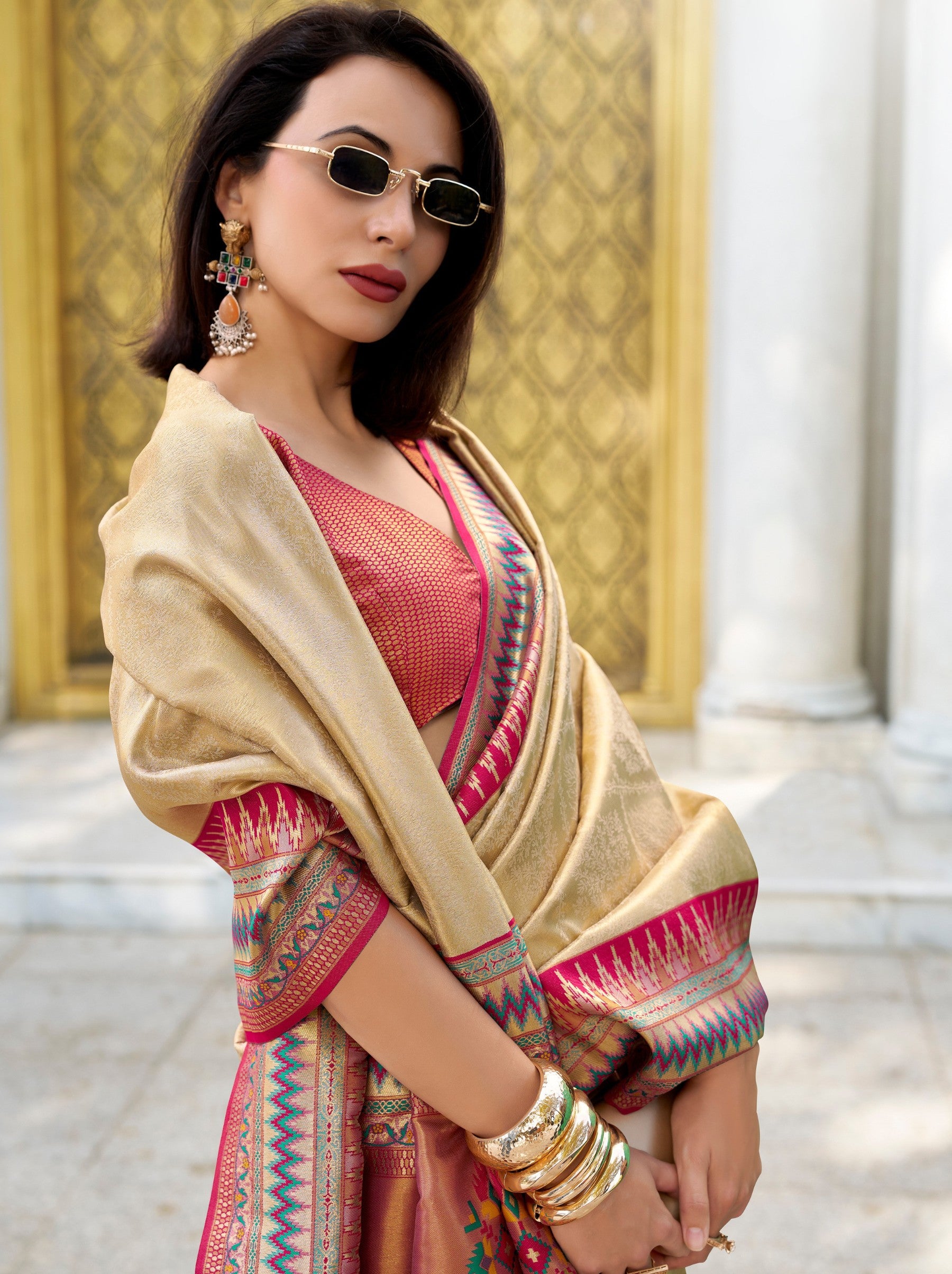Golden Tissue Celebration Saree - TrendOye