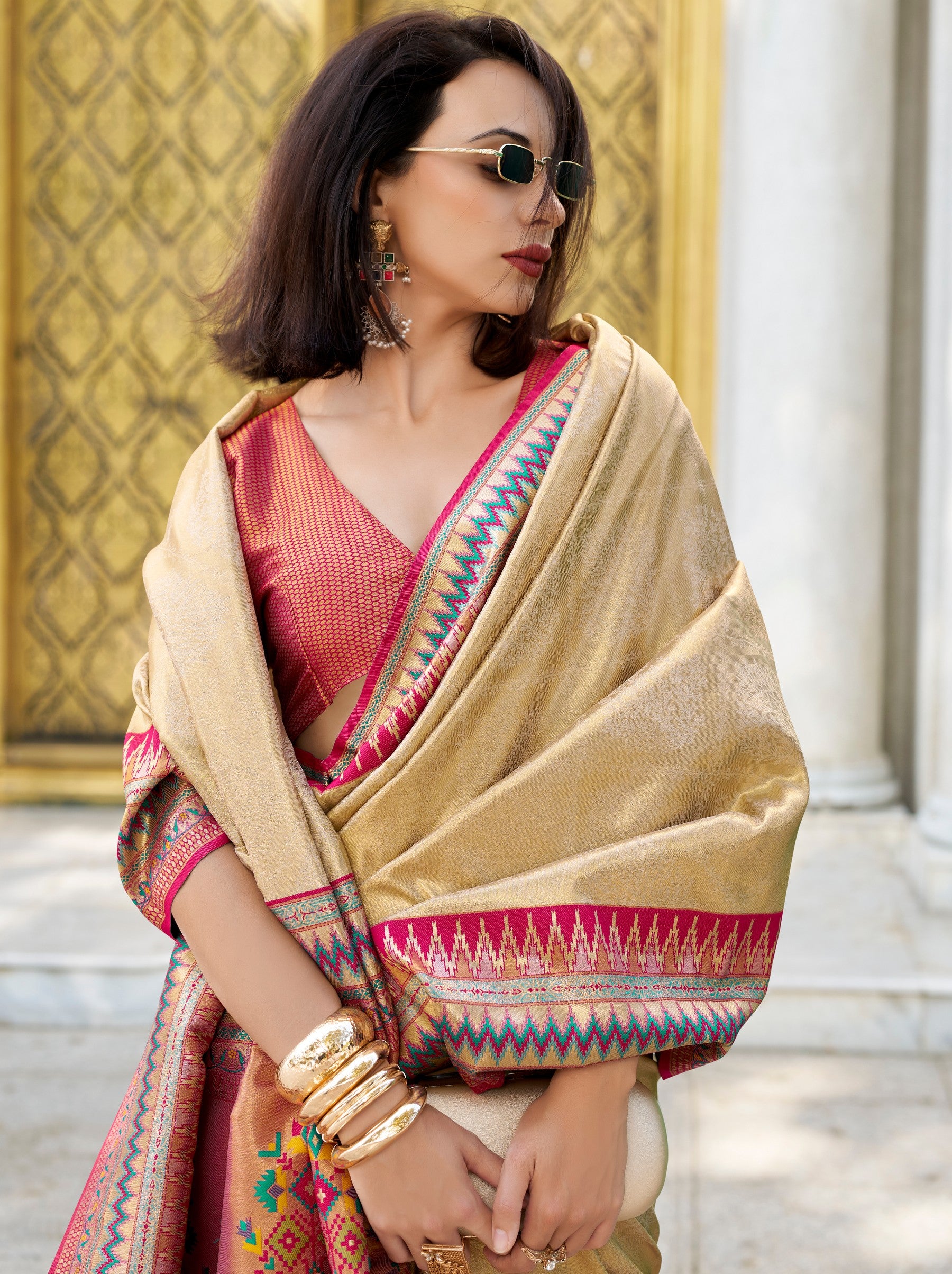 Golden Tissue Celebration Saree - TrendOye