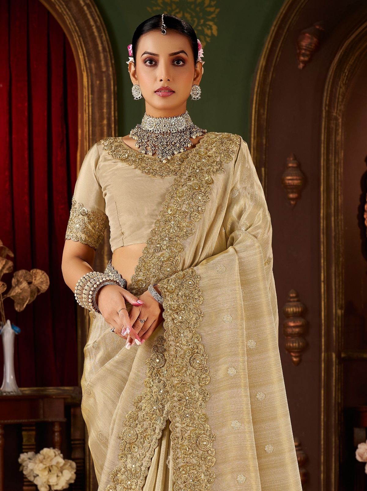 Flax Gold Premium Heavy Work Bridal Saree With Rich Border Design