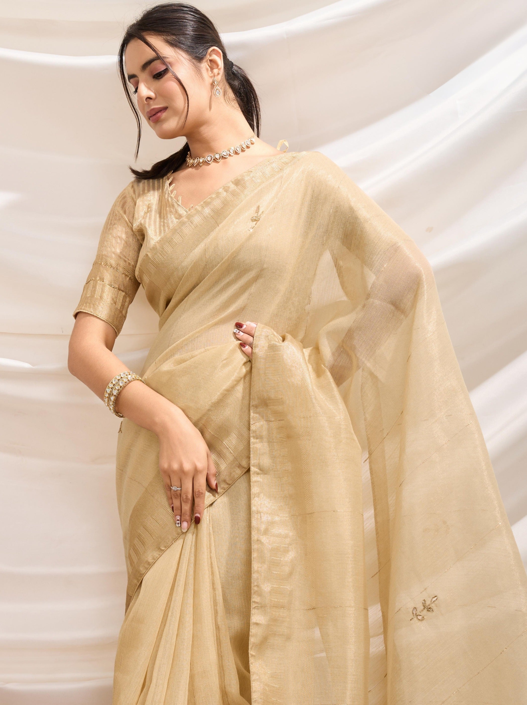 Golden Tissue Linen Premium Saree With Blouse Piece - TrendOye