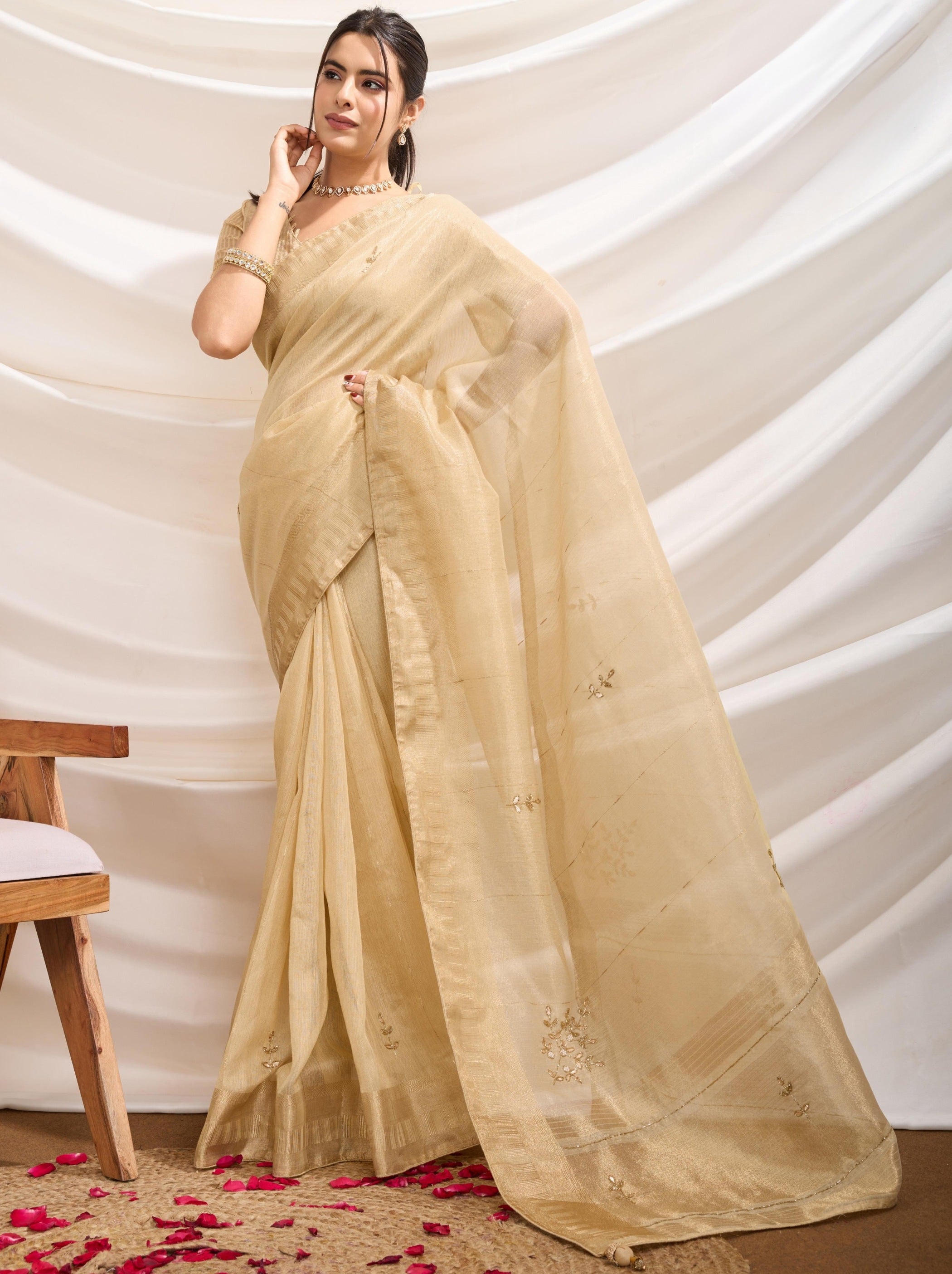 Golden Tissue Linen Premium Saree With Blouse Piece - TrendOye