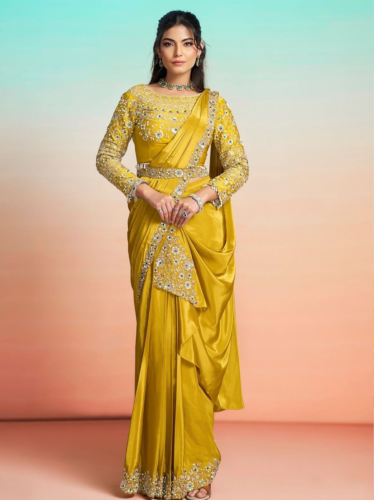 Gold Premium Satin Crepe Silk Ready to Wear Saree with Belt