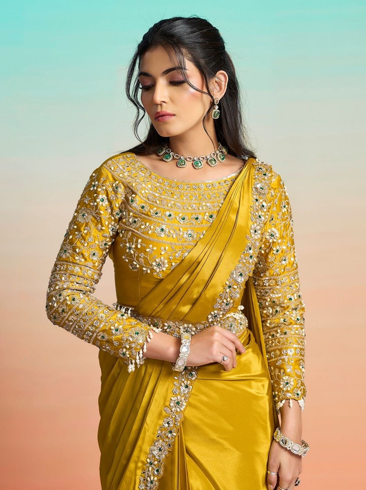 Gold Premium Satin Crepe Silk Ready to Wear Saree with Belt