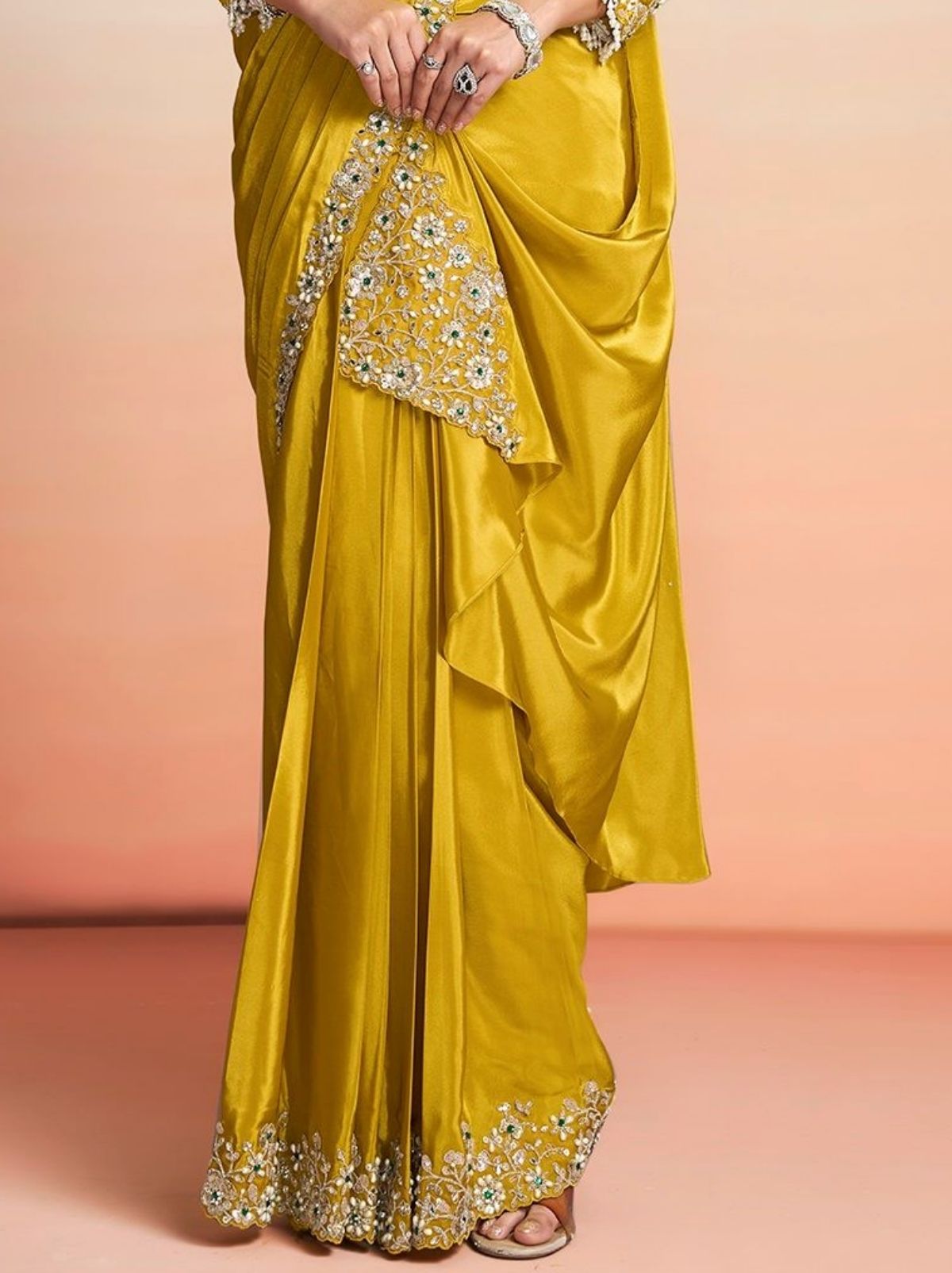 Gold Premium Satin Crepe Silk Ready to Wear Saree with Belt