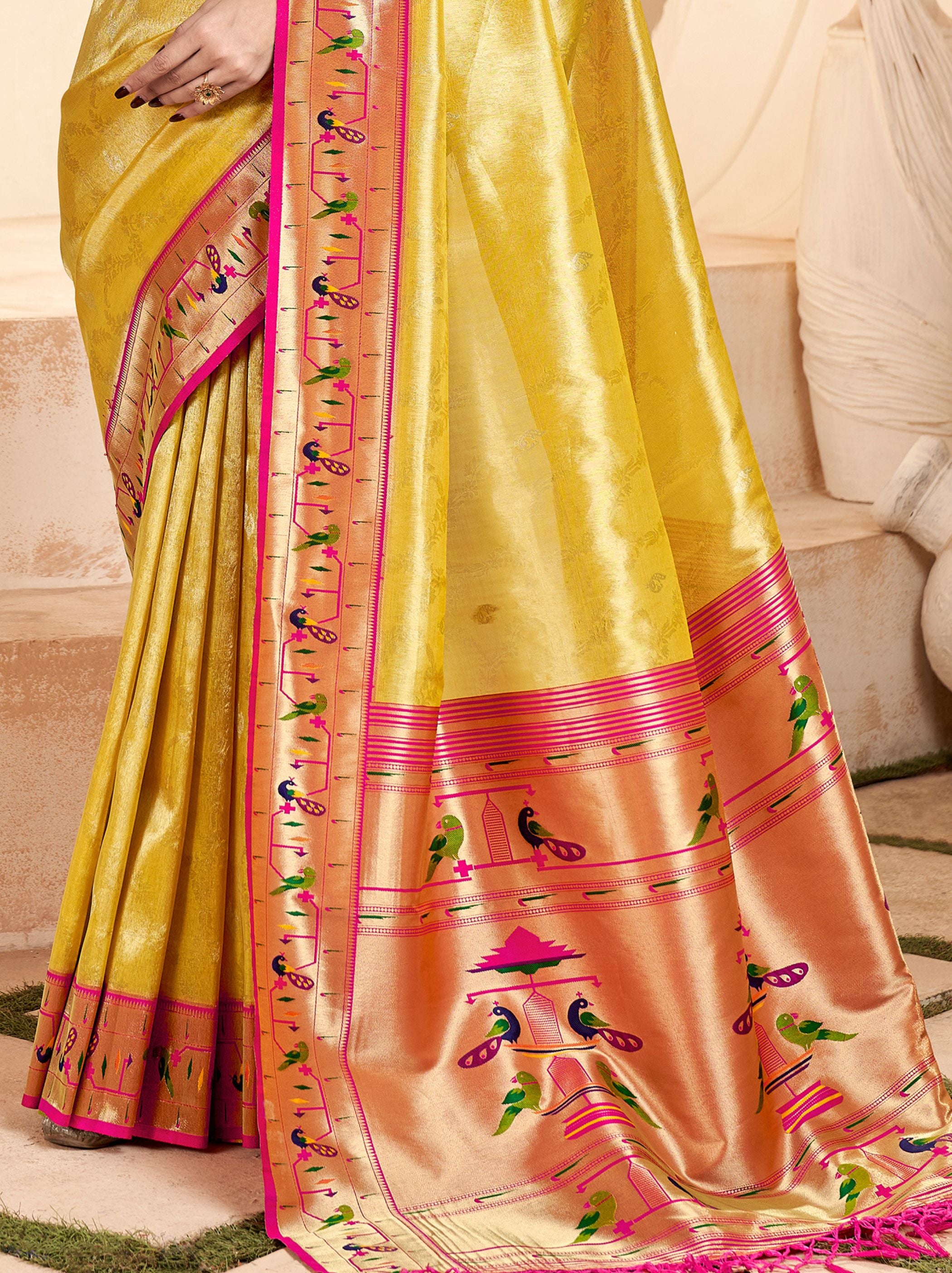 Gold Yellow Paithani Silk Blended Saree - TrendOye