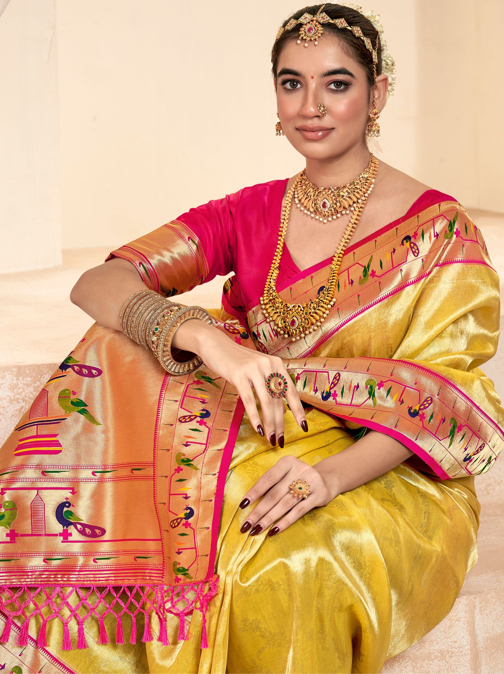 Gold Yellow Paithani Silk Blended Saree - TrendOye