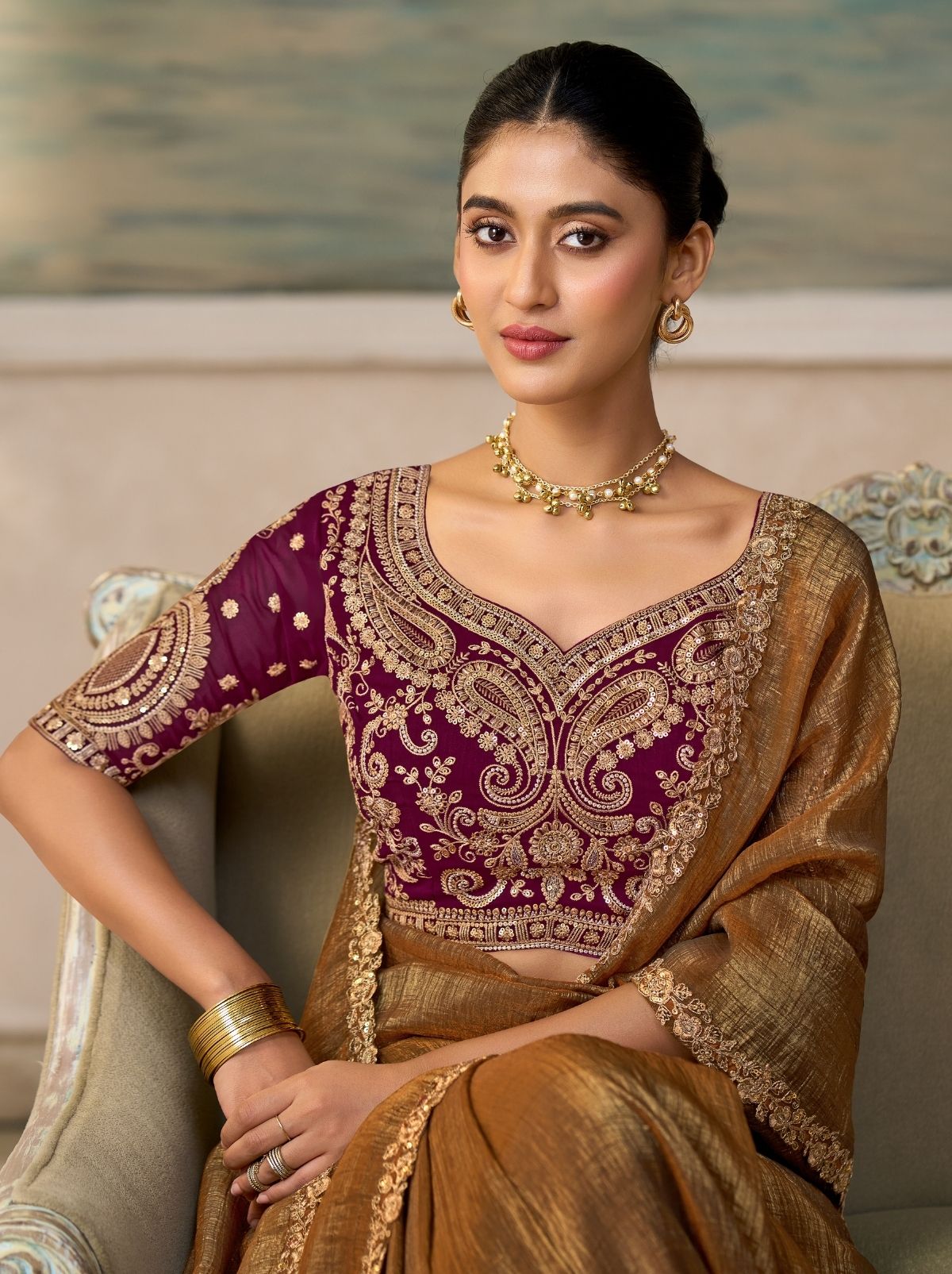 Bronze Brown Couture Sequin Saree with Zari Artistry